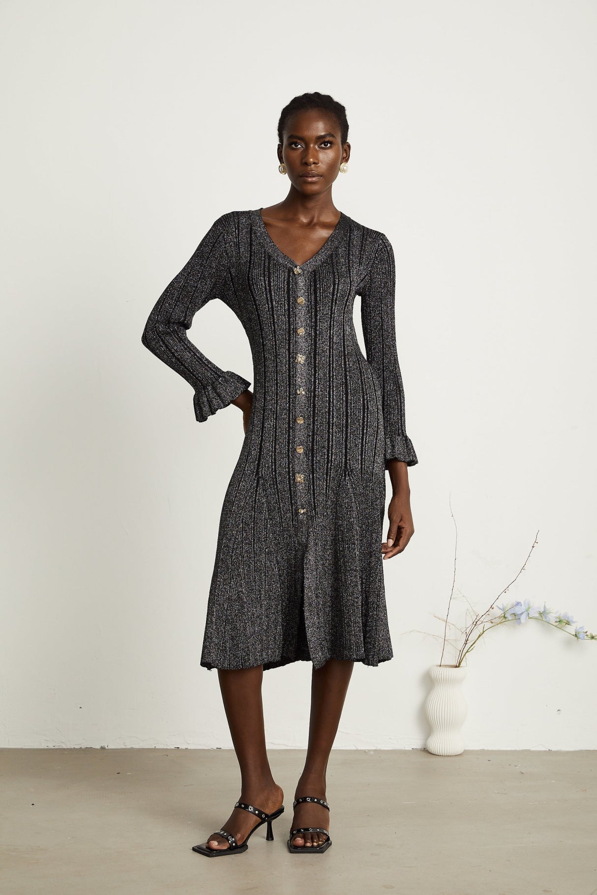 Piper Midi Dress Black Metallic Flounce Mermaid Button Openback