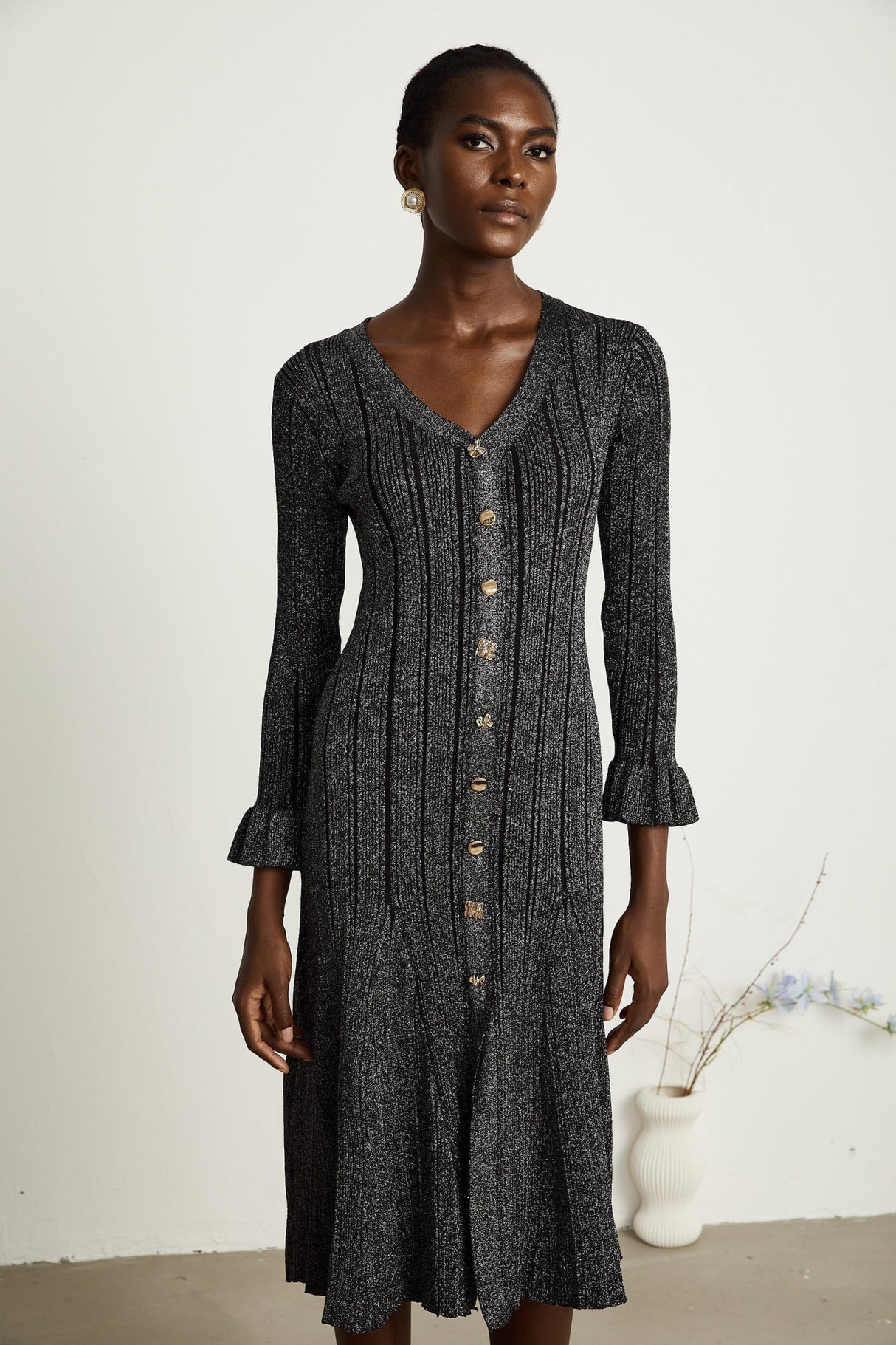 Piper Midi Dress Black Metallic Flounce Mermaid Button Openback