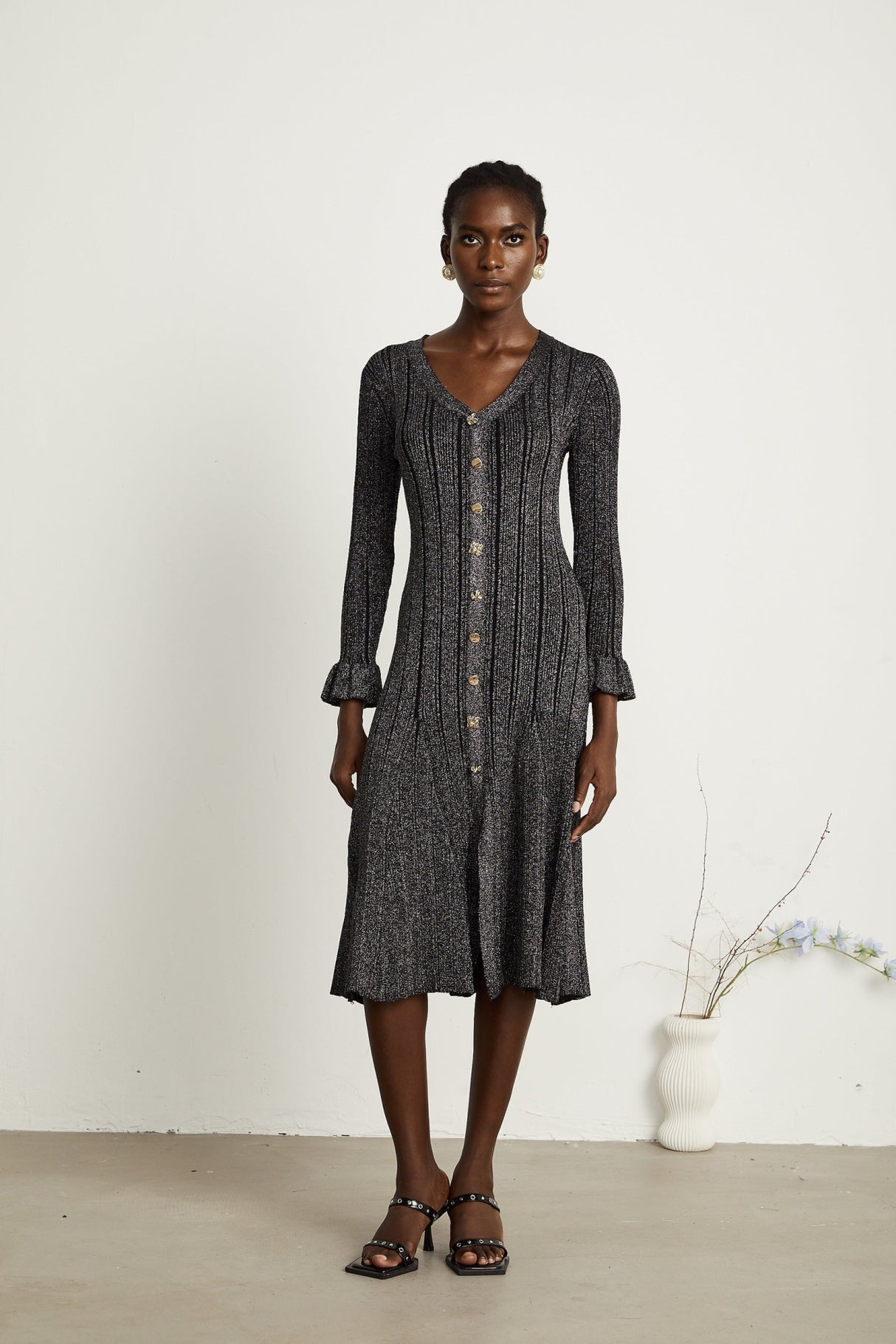 Piper Midi Dress Black Metallic Flounce Mermaid Button Openback