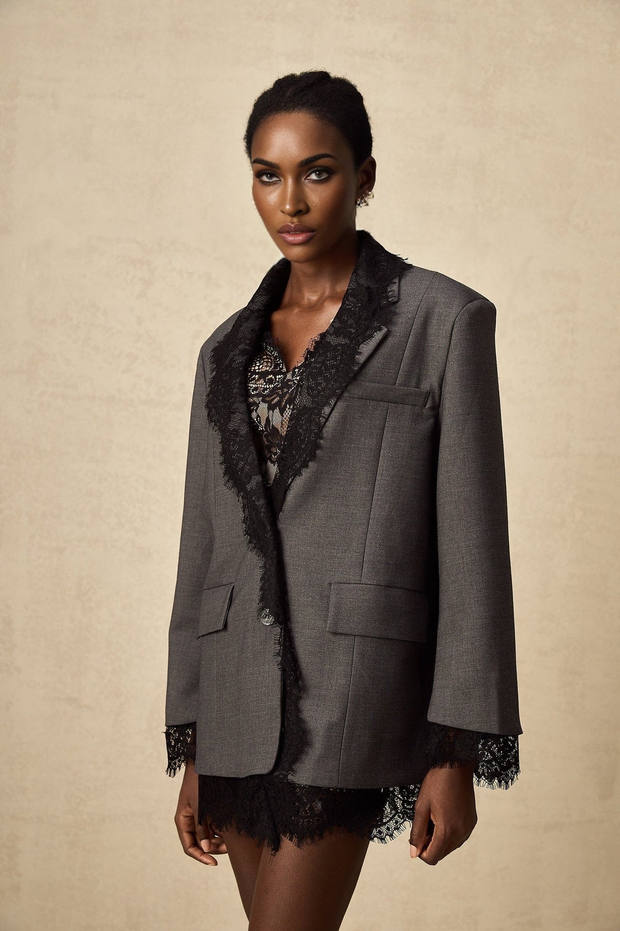 Presley Blazer Grey Lace Panel Chest Pocket Buttoned & Notched