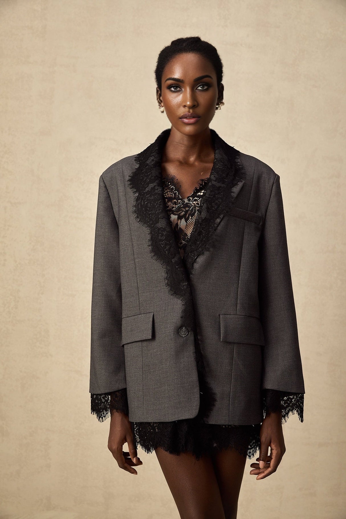 Presley Blazer Grey Lace Panel Chest Pocket Buttoned & Notched