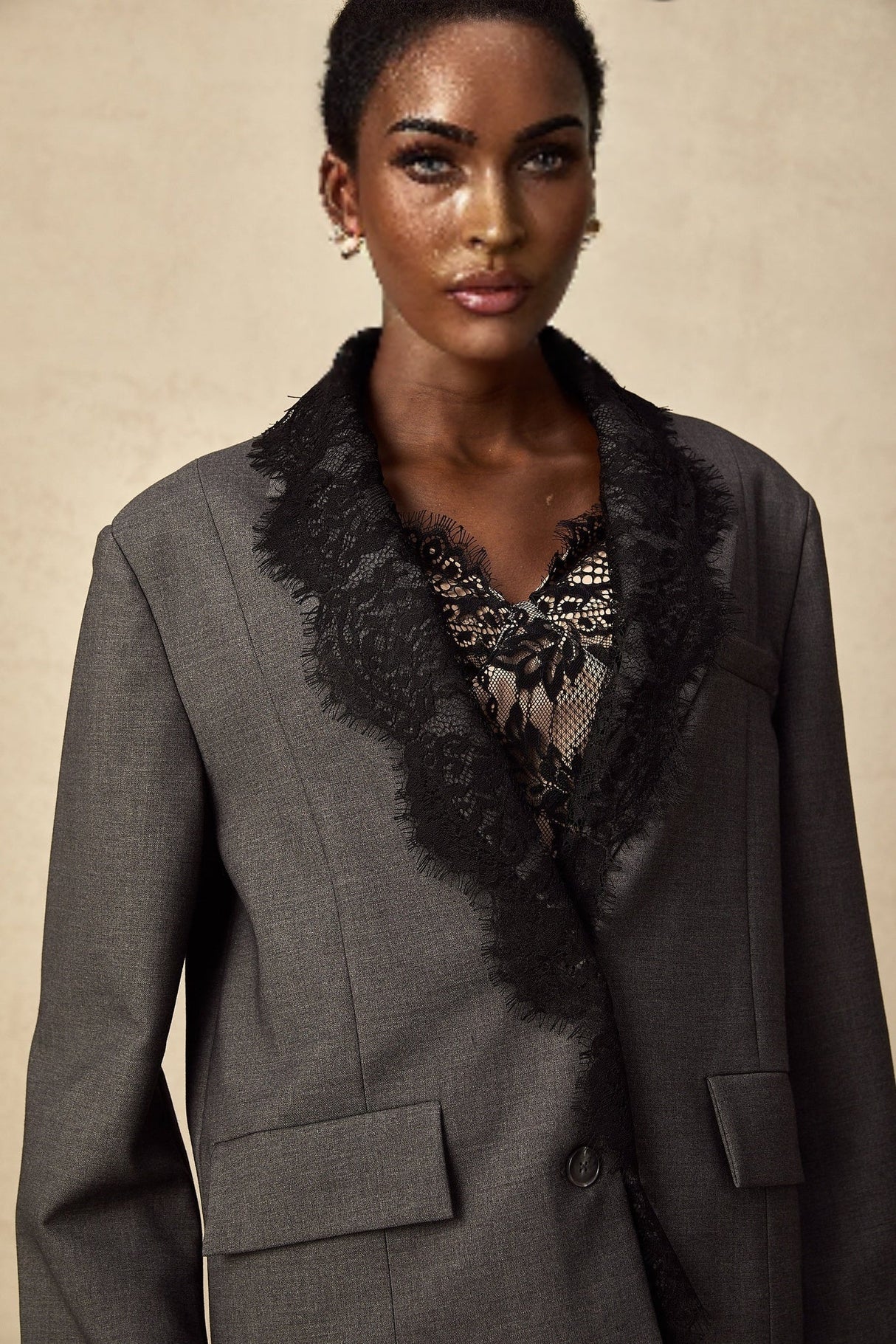 Presley Blazer Grey Lace Panel Chest Pocket Buttoned & Notched