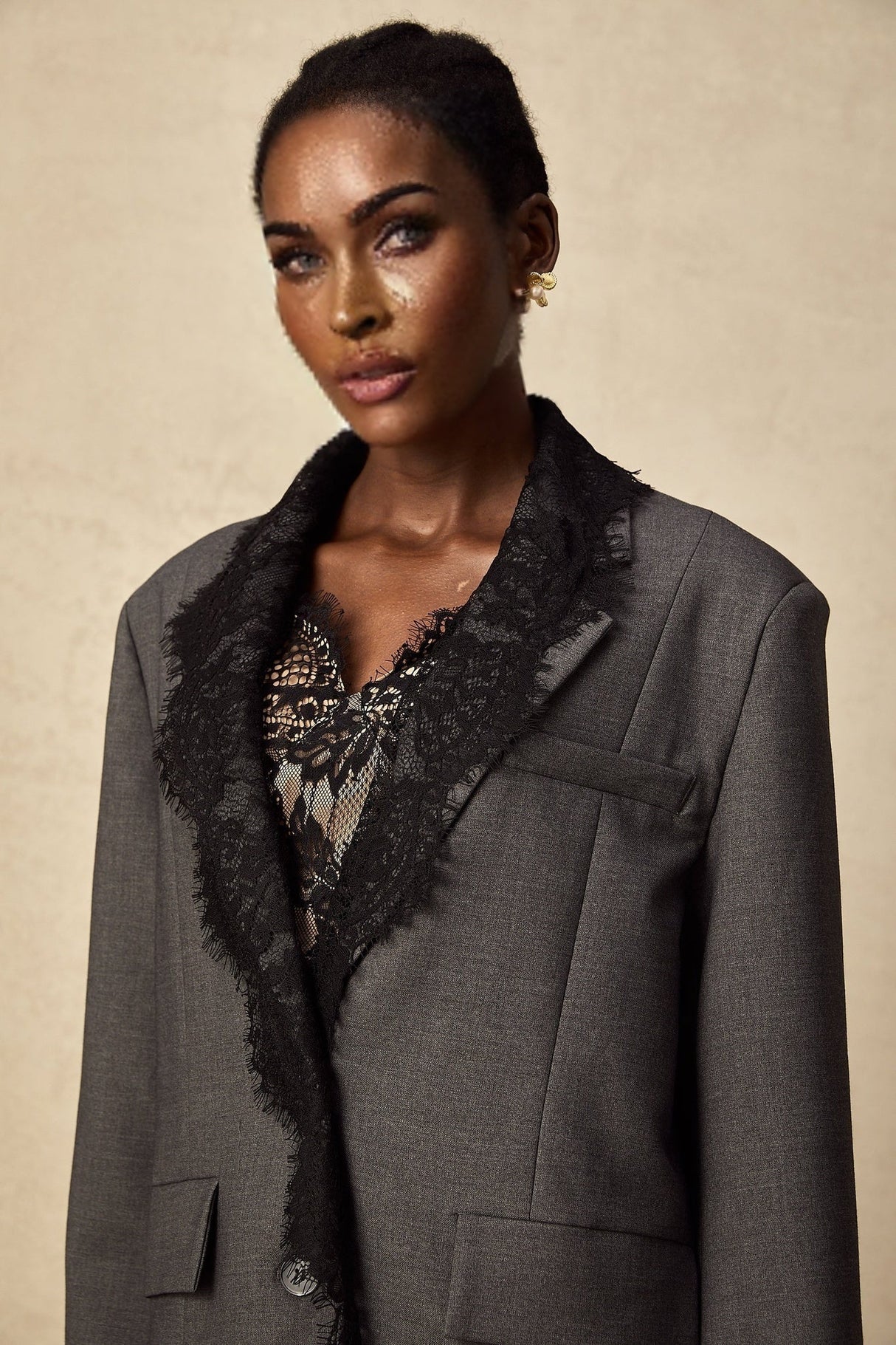 Presley Blazer Grey Lace Panel Chest Pocket Buttoned & Notched