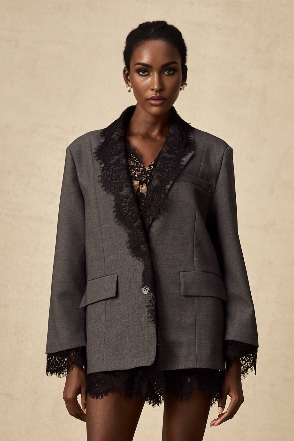 Presley Blazer Grey Lace Panel Chest Pocket Buttoned & Notched