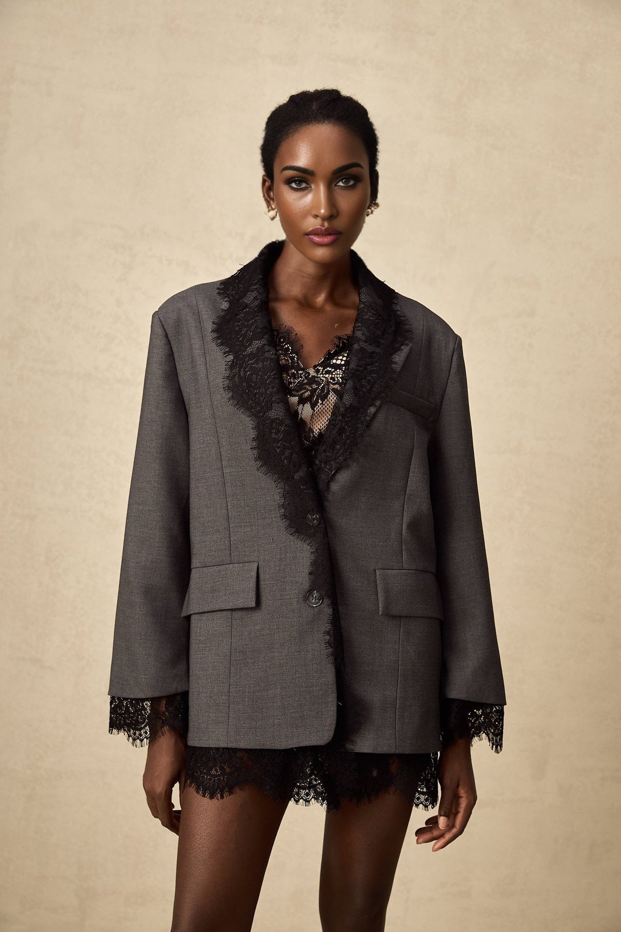 Presley Blazer Grey Lace Panel Chest Pocket Buttoned & Notched