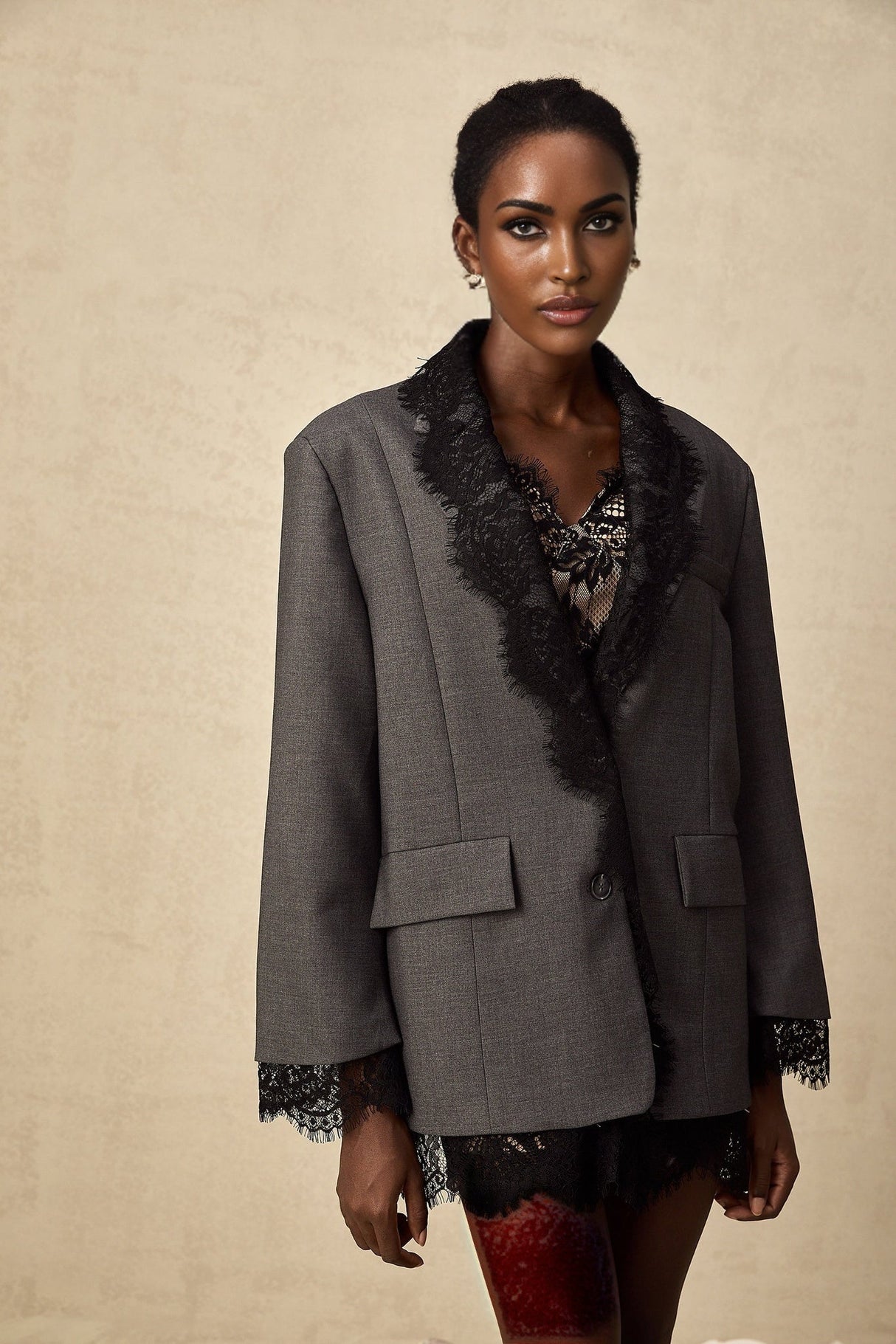 Presley Blazer Grey Lace Panel Chest Pocket Buttoned & Notched