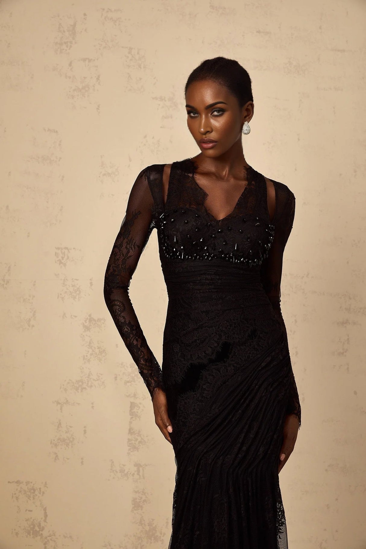 Presley Maxi Dress Black Floral - Lace Rhinestone Mermaid Hem