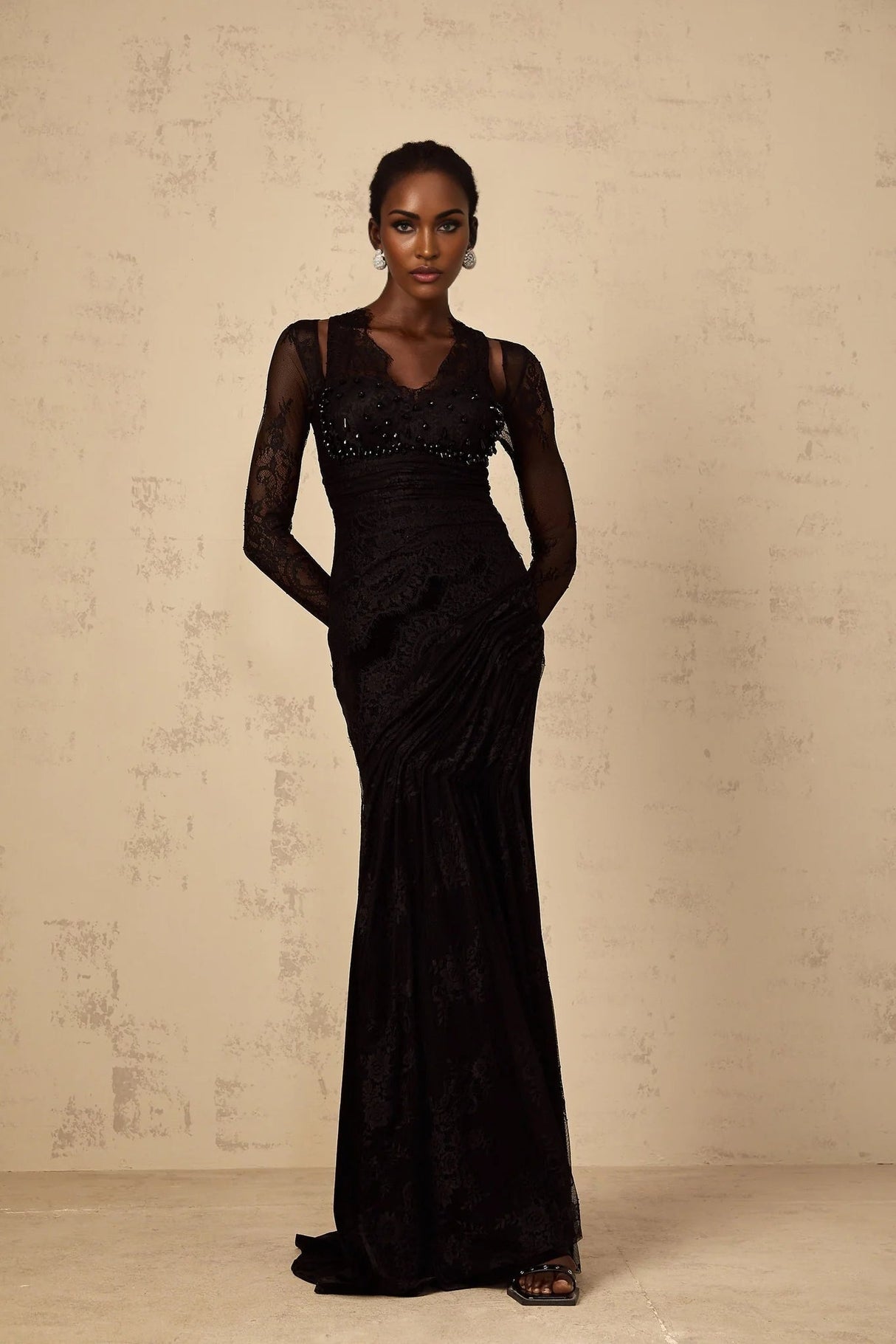 Presley Maxi Dress Black Floral - Lace Rhinestone Mermaid Hem