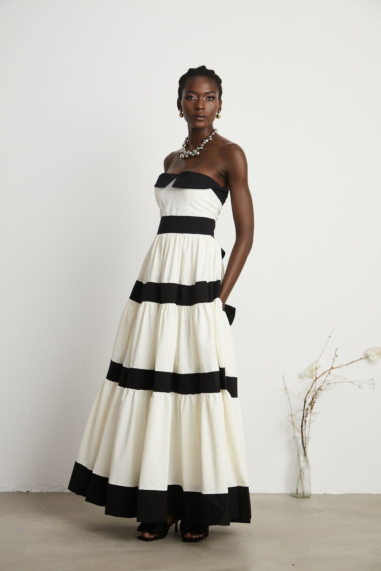 Presley Maxi Dress - White Off - the - Shoulder with Pleats & Bow Embellishment