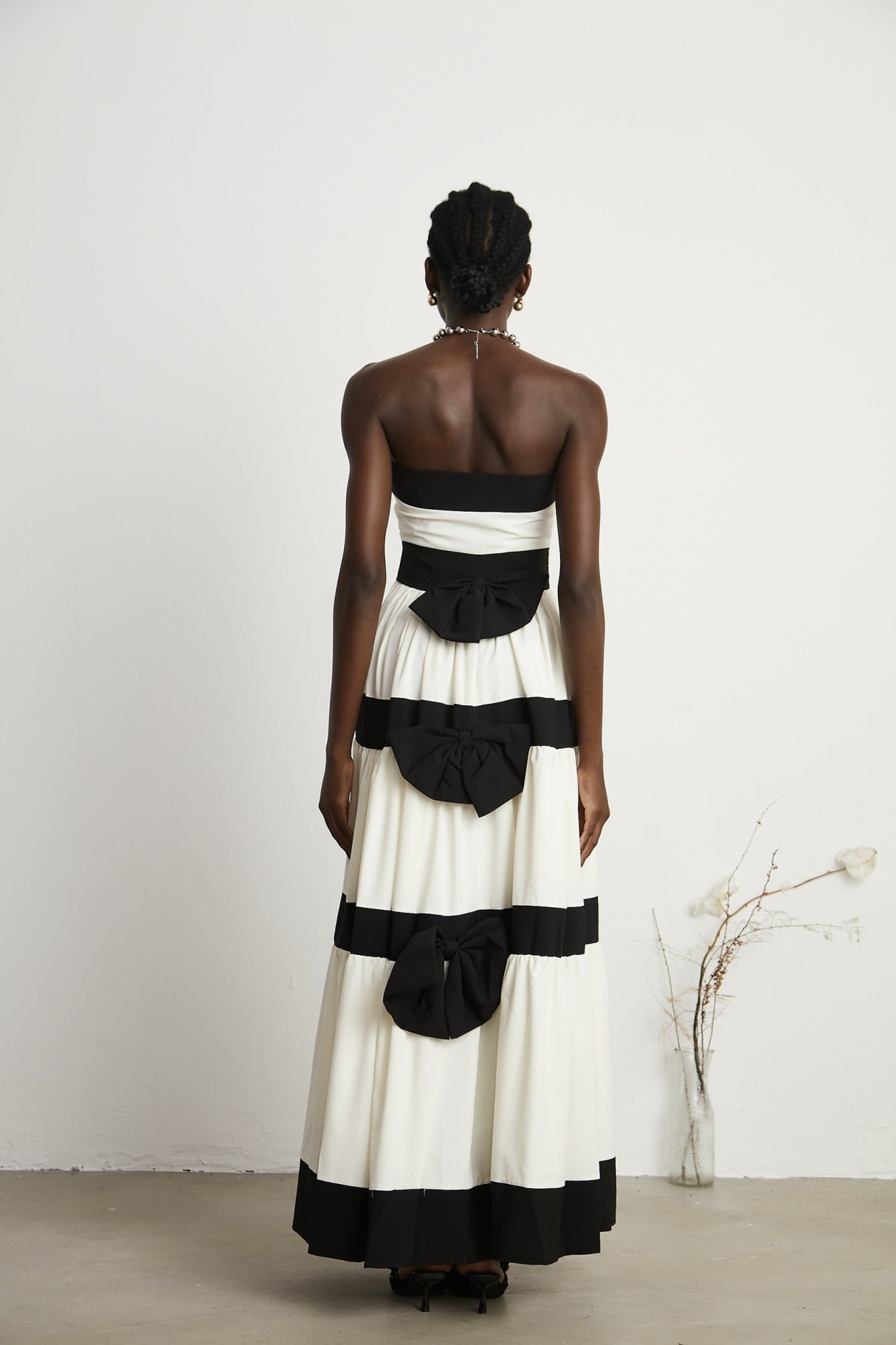 Presley Maxi Dress - White Off - the - Shoulder with Pleats & Bow Embellishment