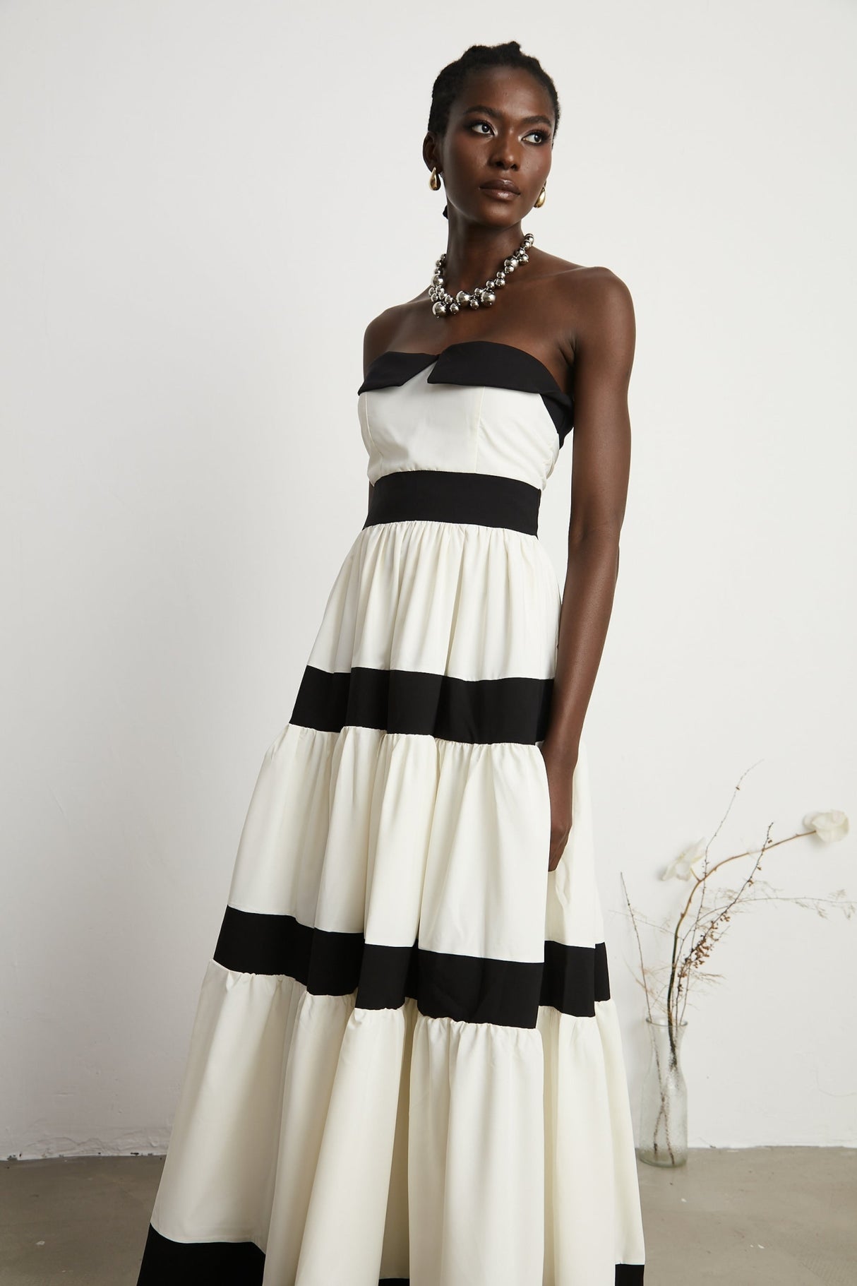 Presley Maxi Dress - White Off - the - Shoulder with Pleats & Bow Embellishment