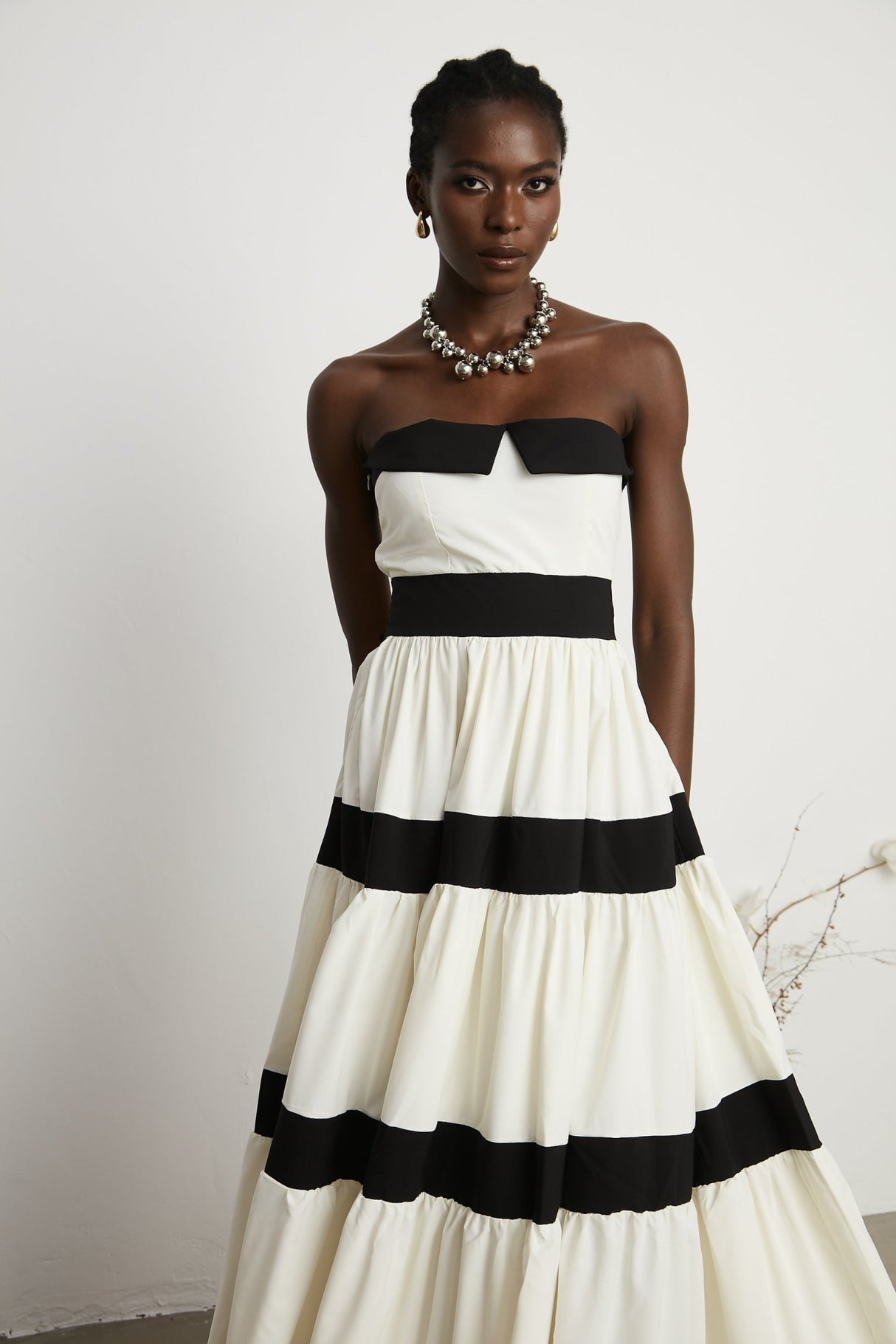 Presley Maxi Dress - White Off - the - Shoulder with Pleats & Bow Embellishment