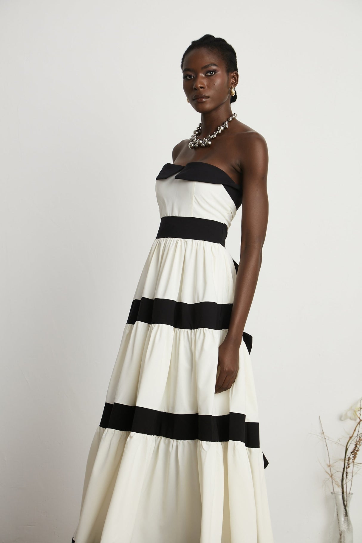 Presley Maxi Dress - White Off - the - Shoulder with Pleats & Bow Embellishment