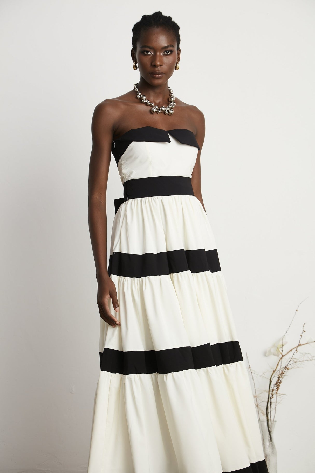 Presley Maxi Dress - White Off - the - Shoulder with Pleats & Bow Embellishment