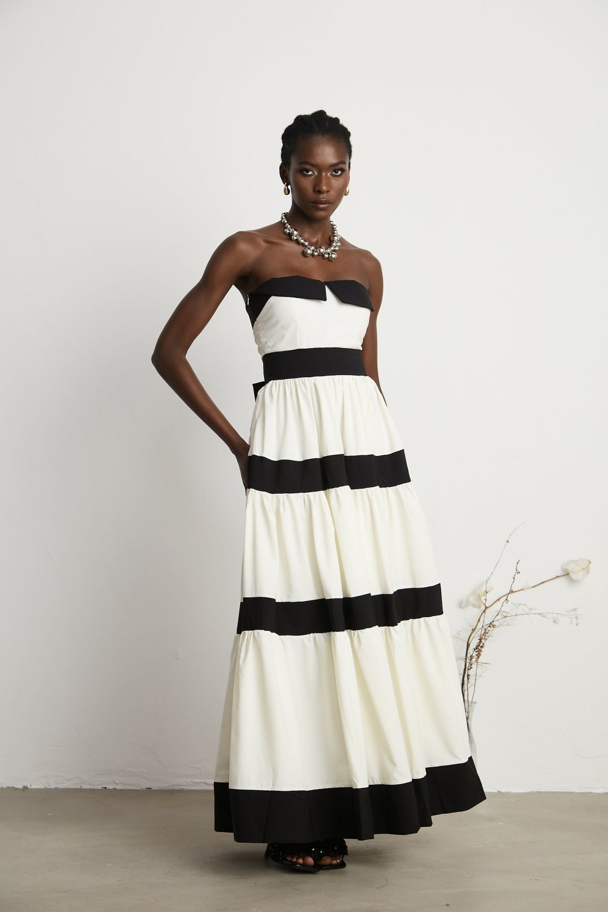 Presley Maxi Dress - White Off - the - Shoulder with Pleats & Bow Embellishment