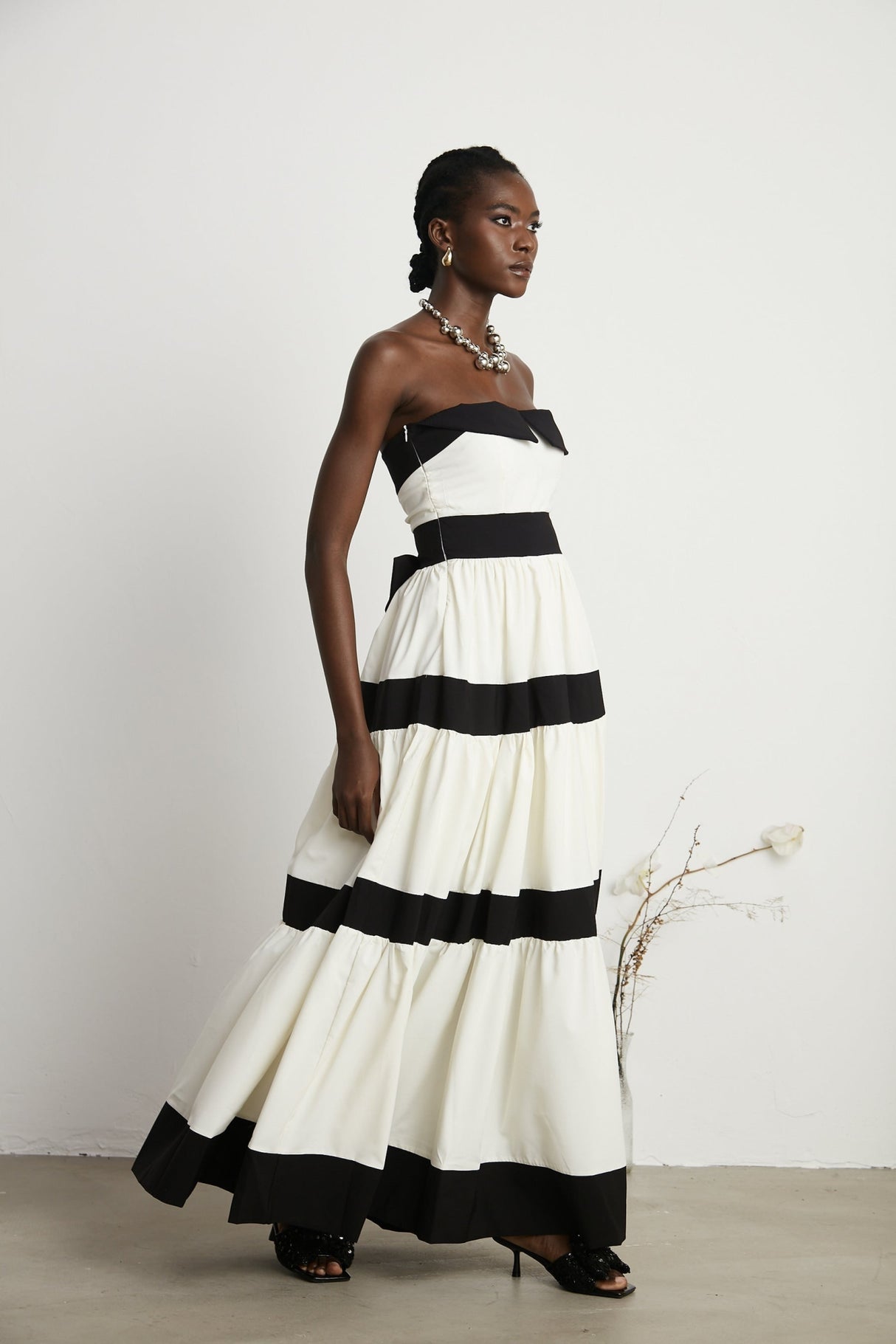 Presley Maxi Dress - White Off - the - Shoulder with Pleats & Bow Embellishment