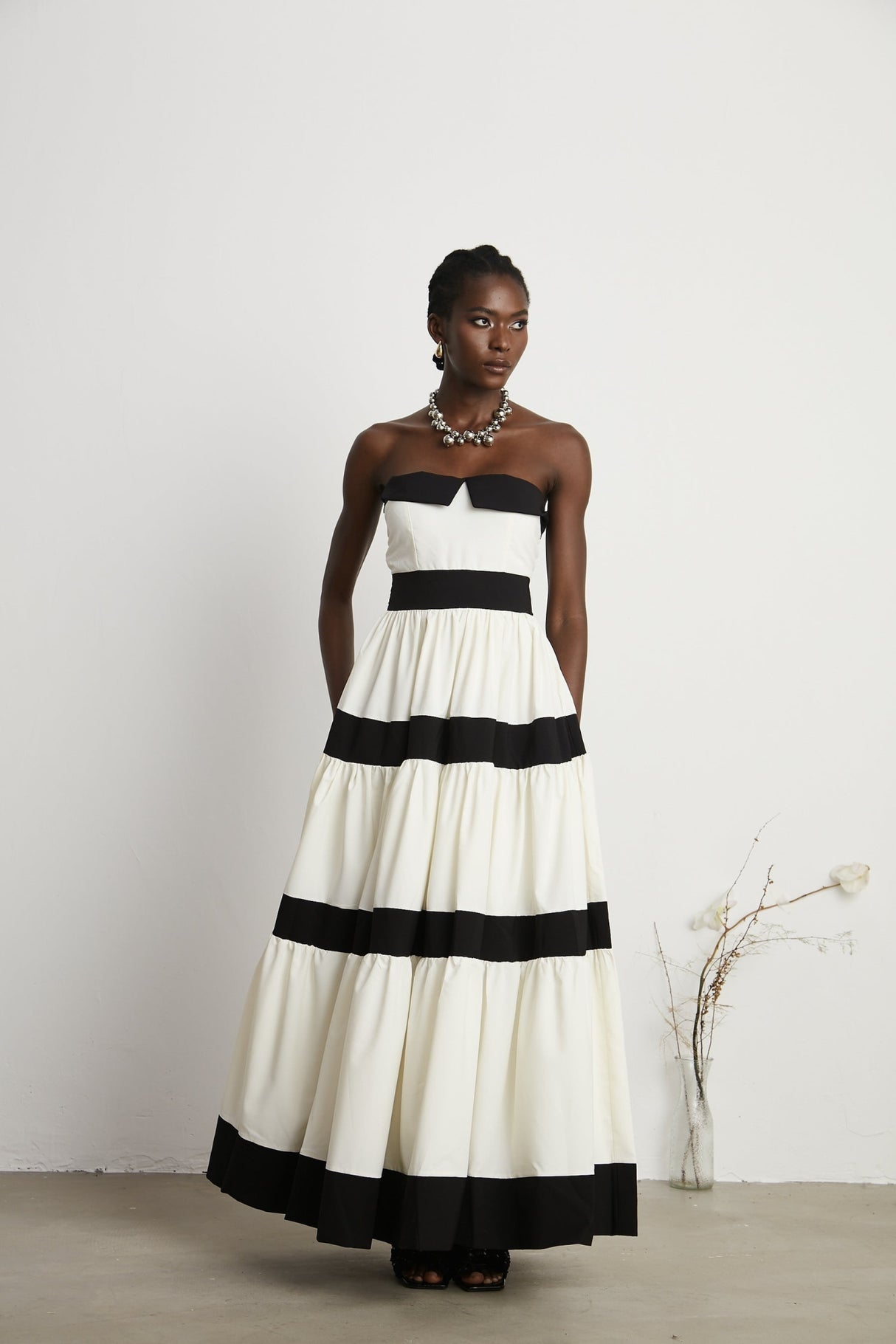 Presley Maxi Dress - White Off - the - Shoulder with Pleats & Bow Embellishment