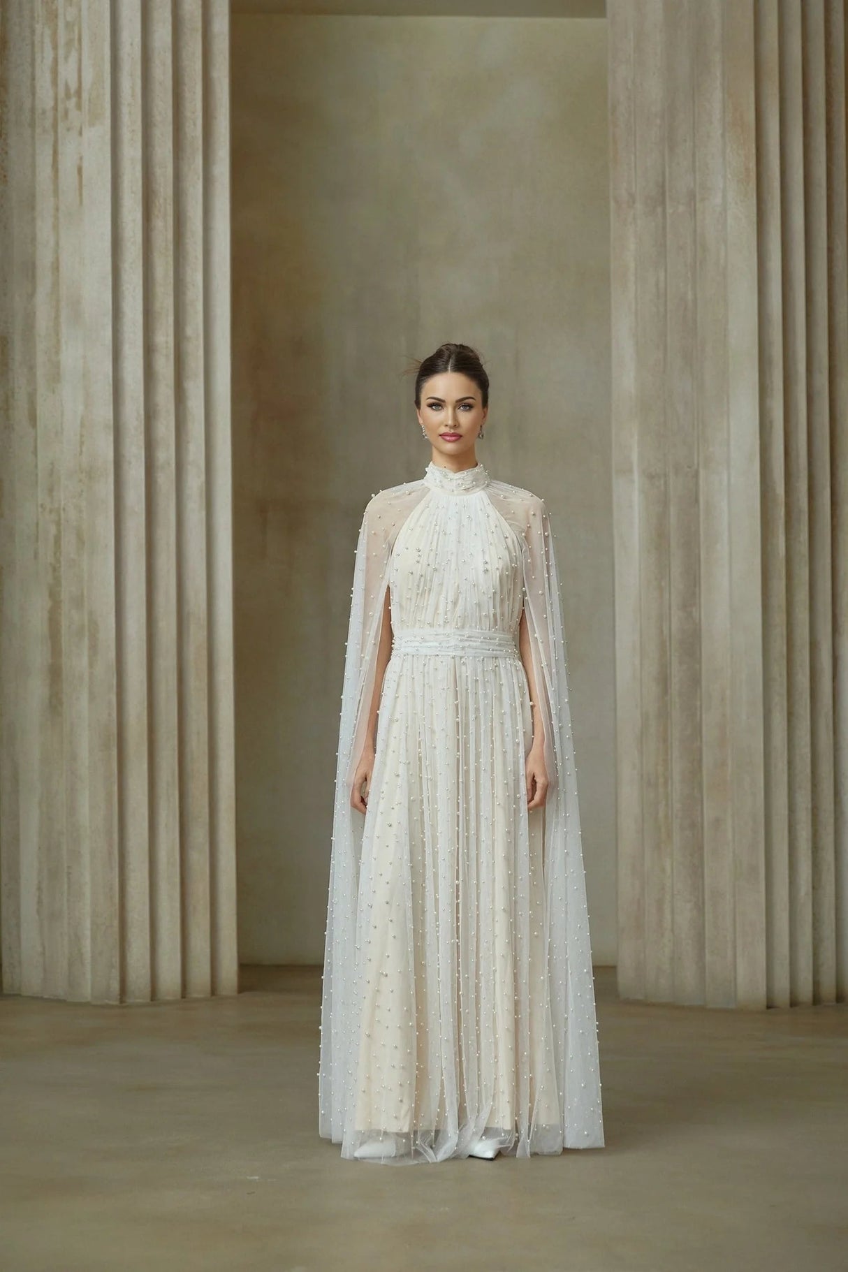 Presley Maxi Dress White Tulle Cape Embellished Rhinestone Pearl