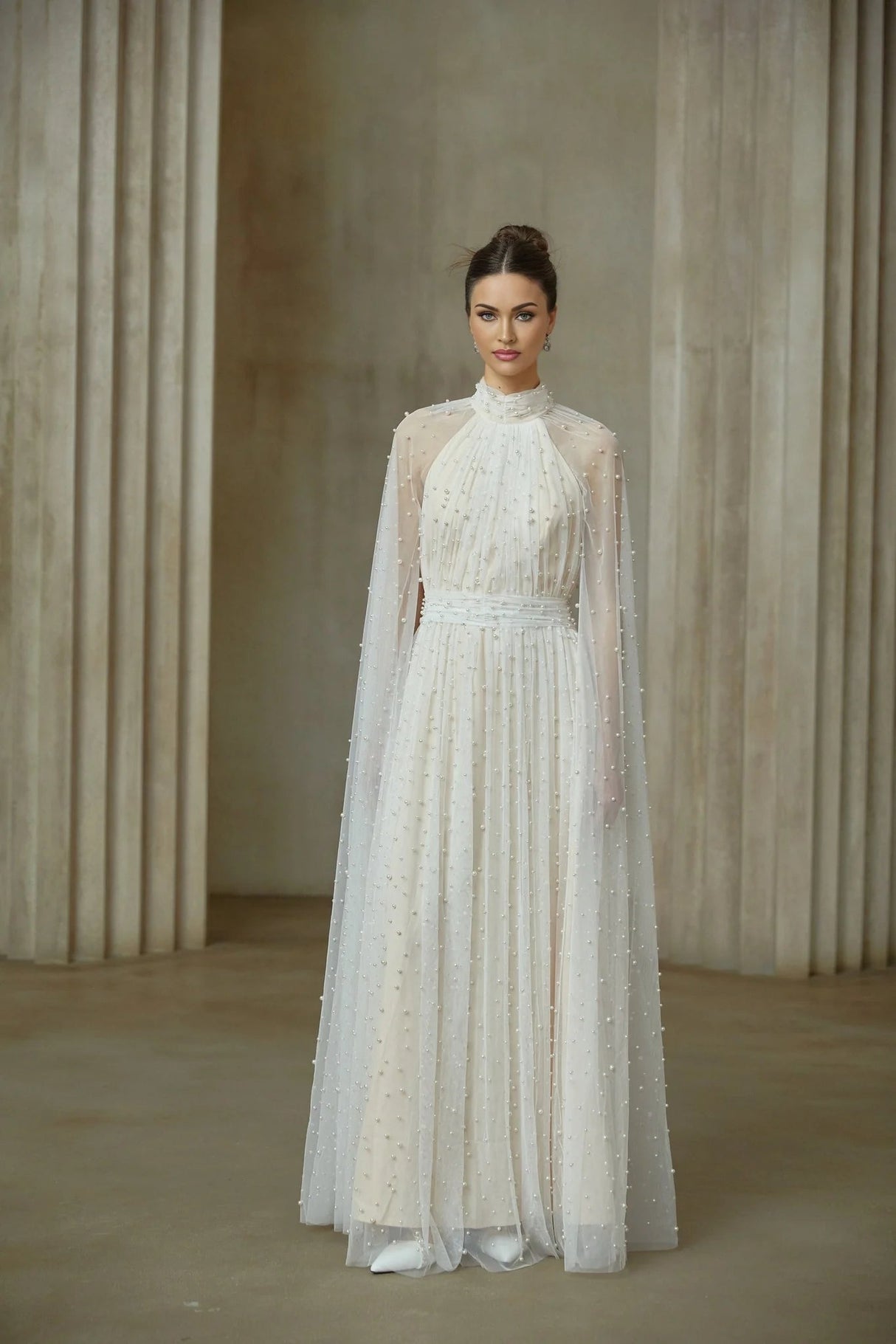 Presley Maxi Dress White Tulle Cape Embellished Rhinestone Pearl