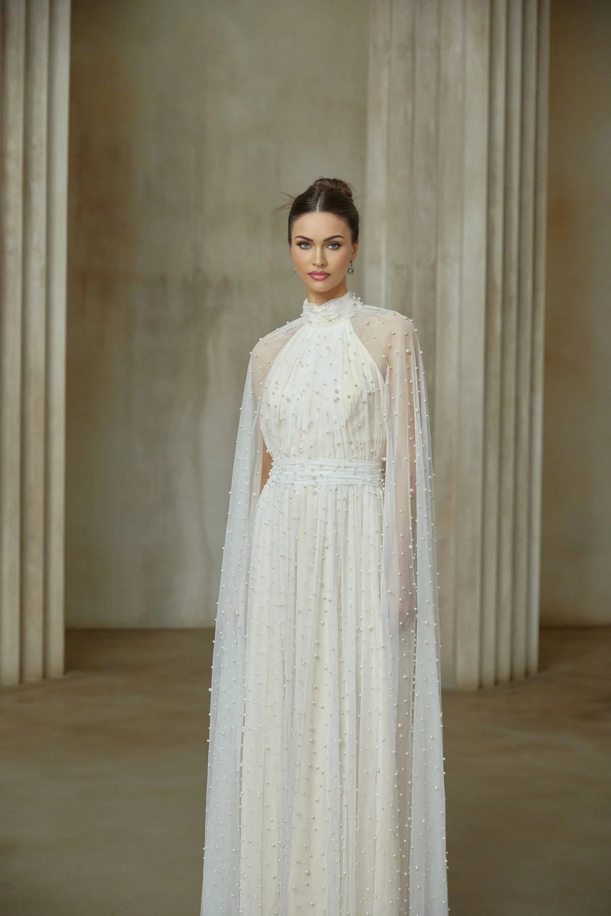 Presley Maxi Dress White Tulle Cape Embellished Rhinestone Pearl