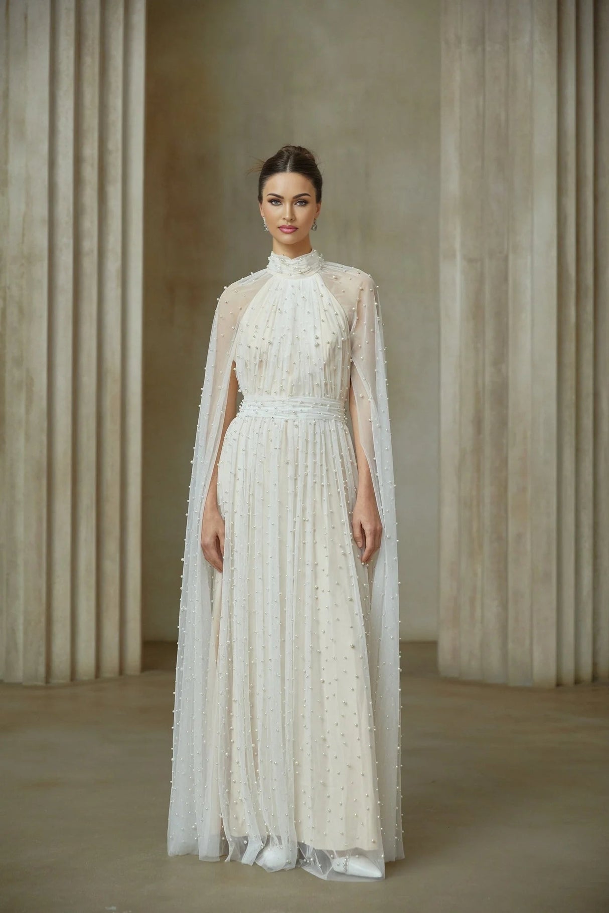 Presley Maxi Dress White Tulle Cape Embellished Rhinestone Pearl