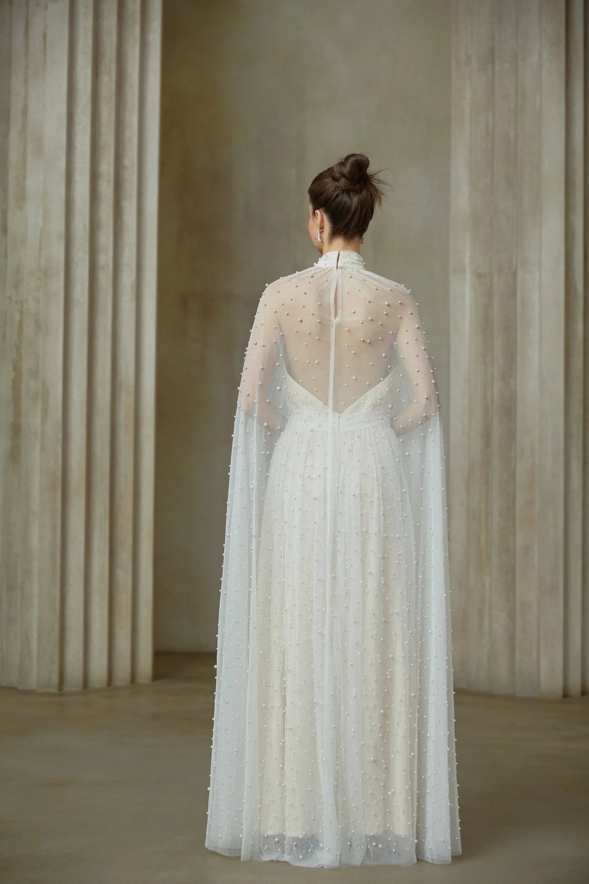 Presley Maxi Dress White Tulle Cape Embellished Rhinestone Pearl