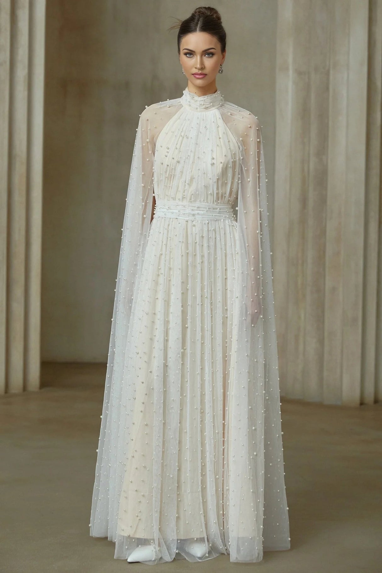 Presley Maxi Dress White Tulle Cape Embellished Rhinestone Pearl