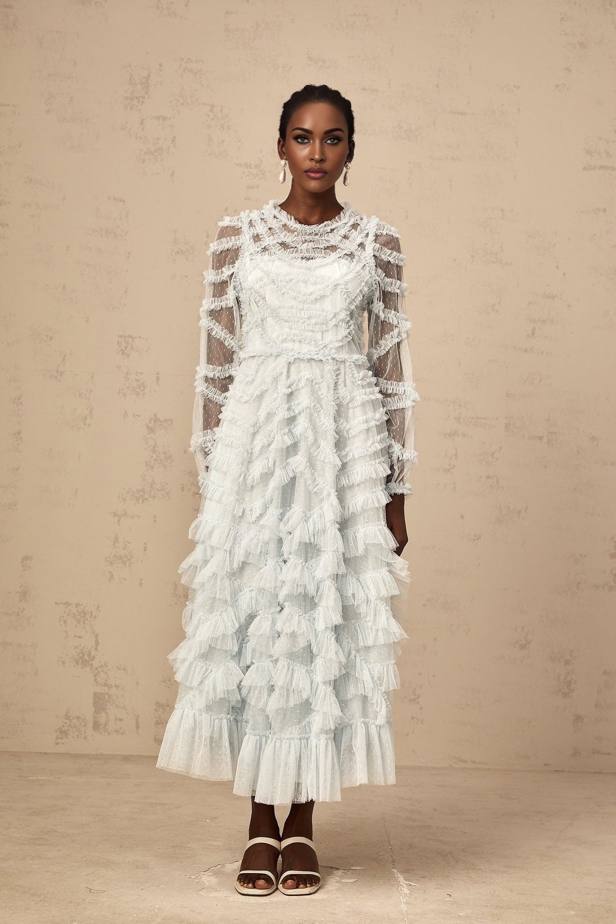 Presley Midi Dress - Vibrant Blue Tulle Semi - Sheer Long Sleeve