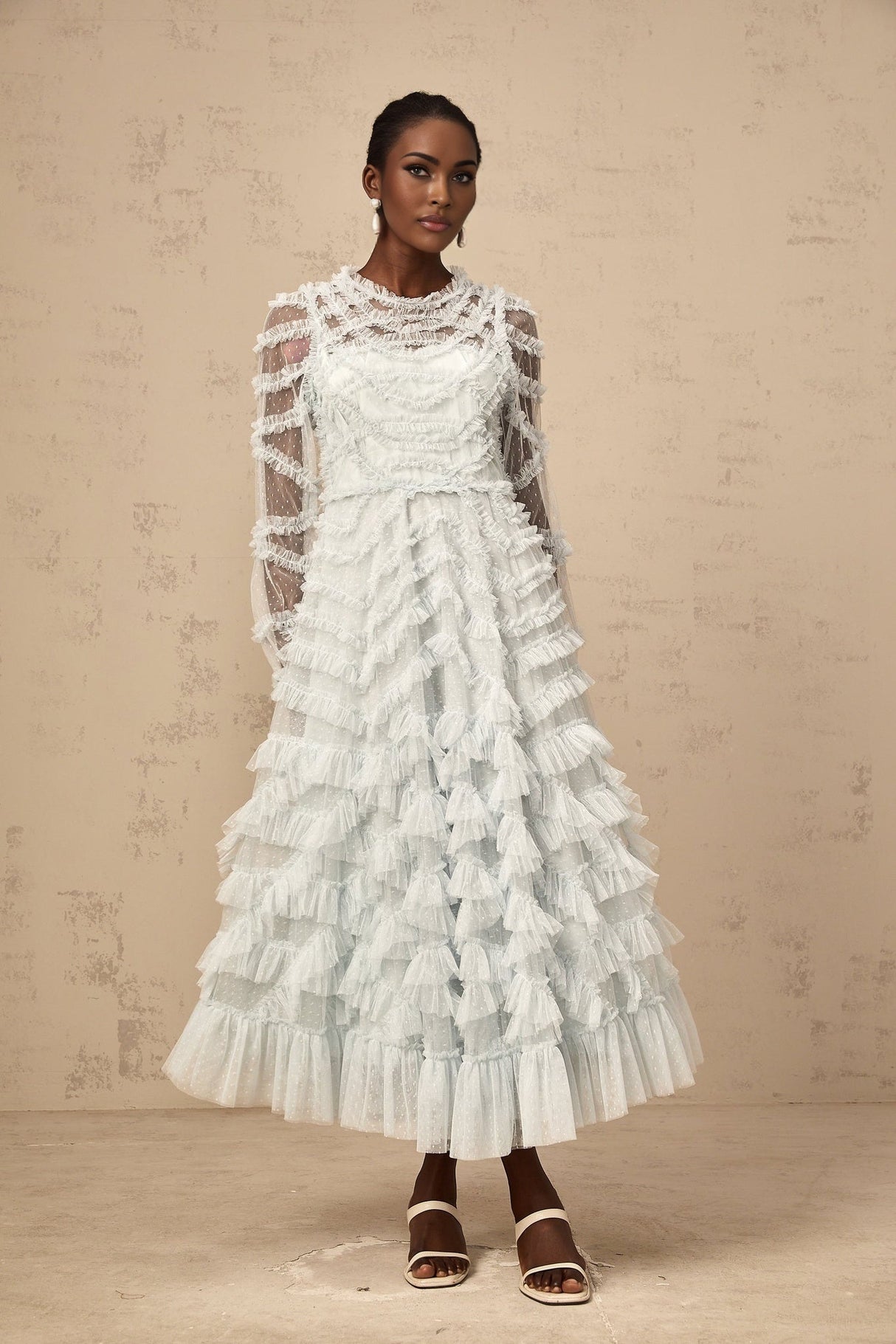 Presley Midi Dress - Vibrant Blue Tulle Semi - Sheer Long Sleeve