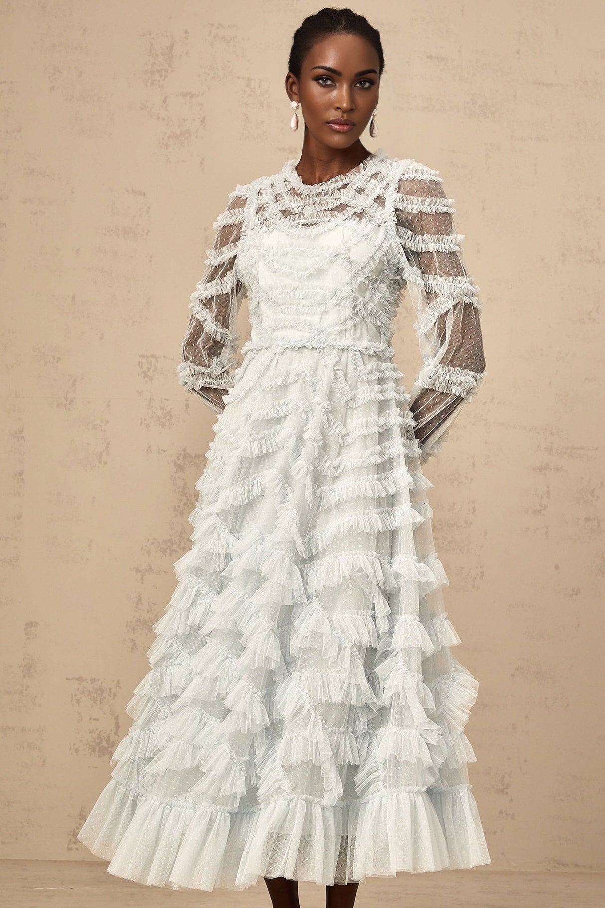 Presley Midi Dress - Vibrant Blue Tulle Semi - Sheer Long Sleeve