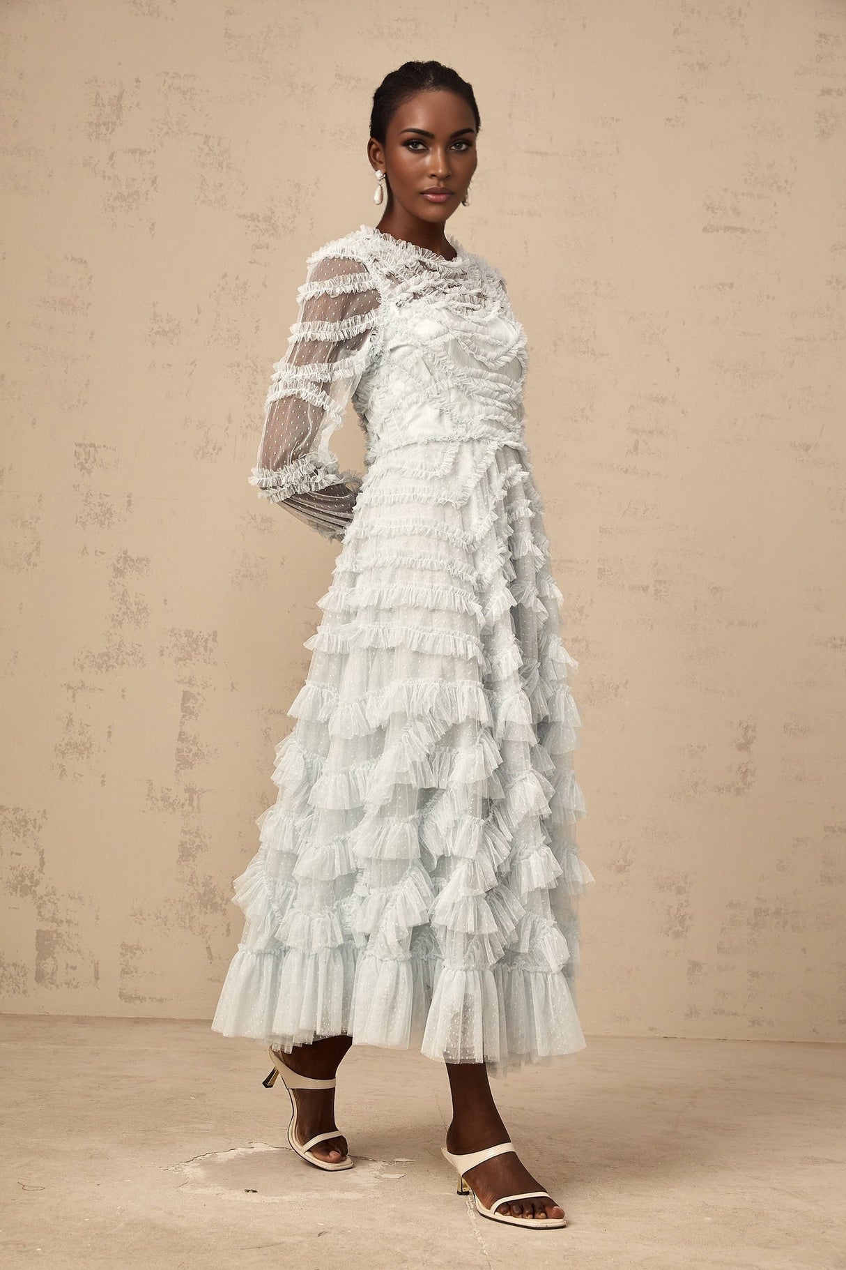 Presley Midi Dress - Vibrant Blue Tulle Semi - Sheer Long Sleeve