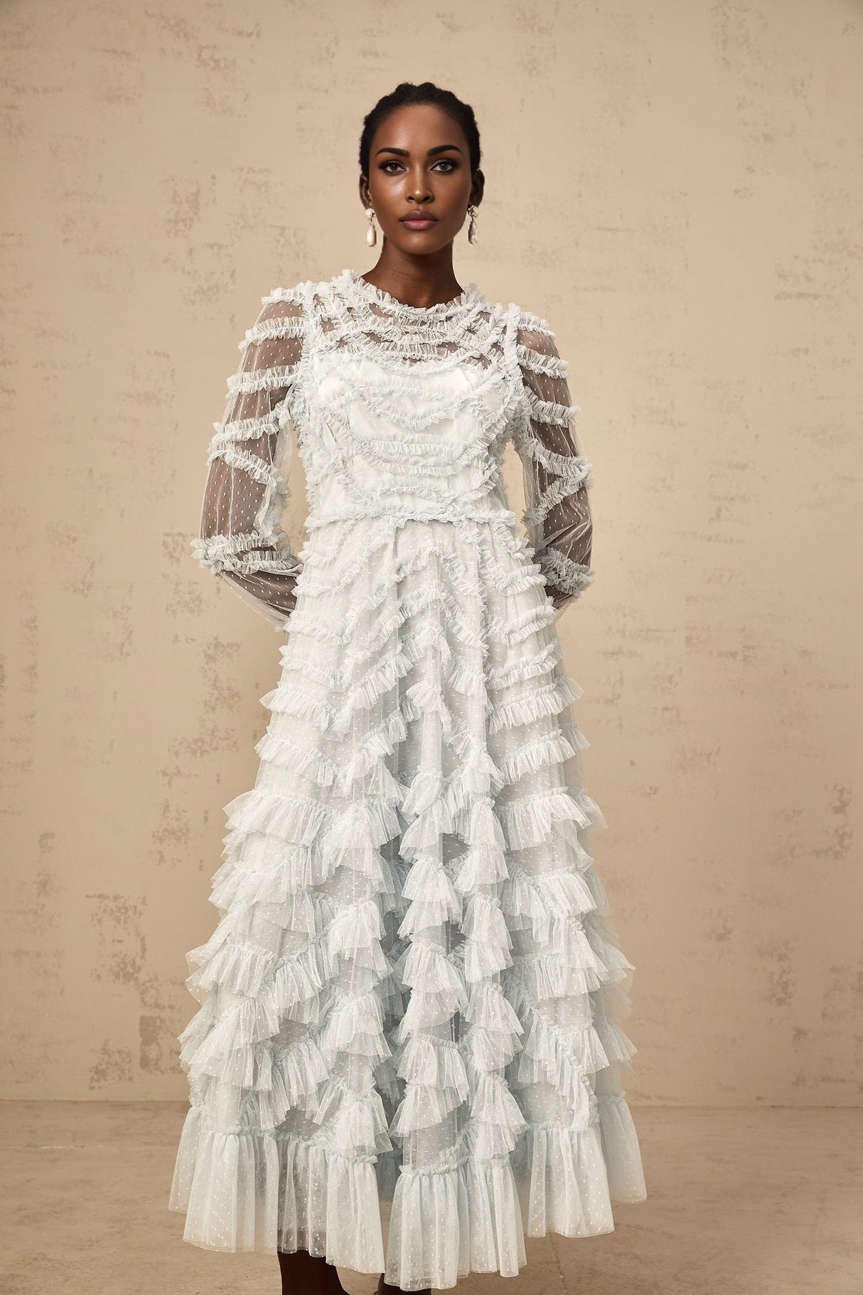 Presley Midi Dress - Vibrant Blue Tulle Semi - Sheer Long Sleeve