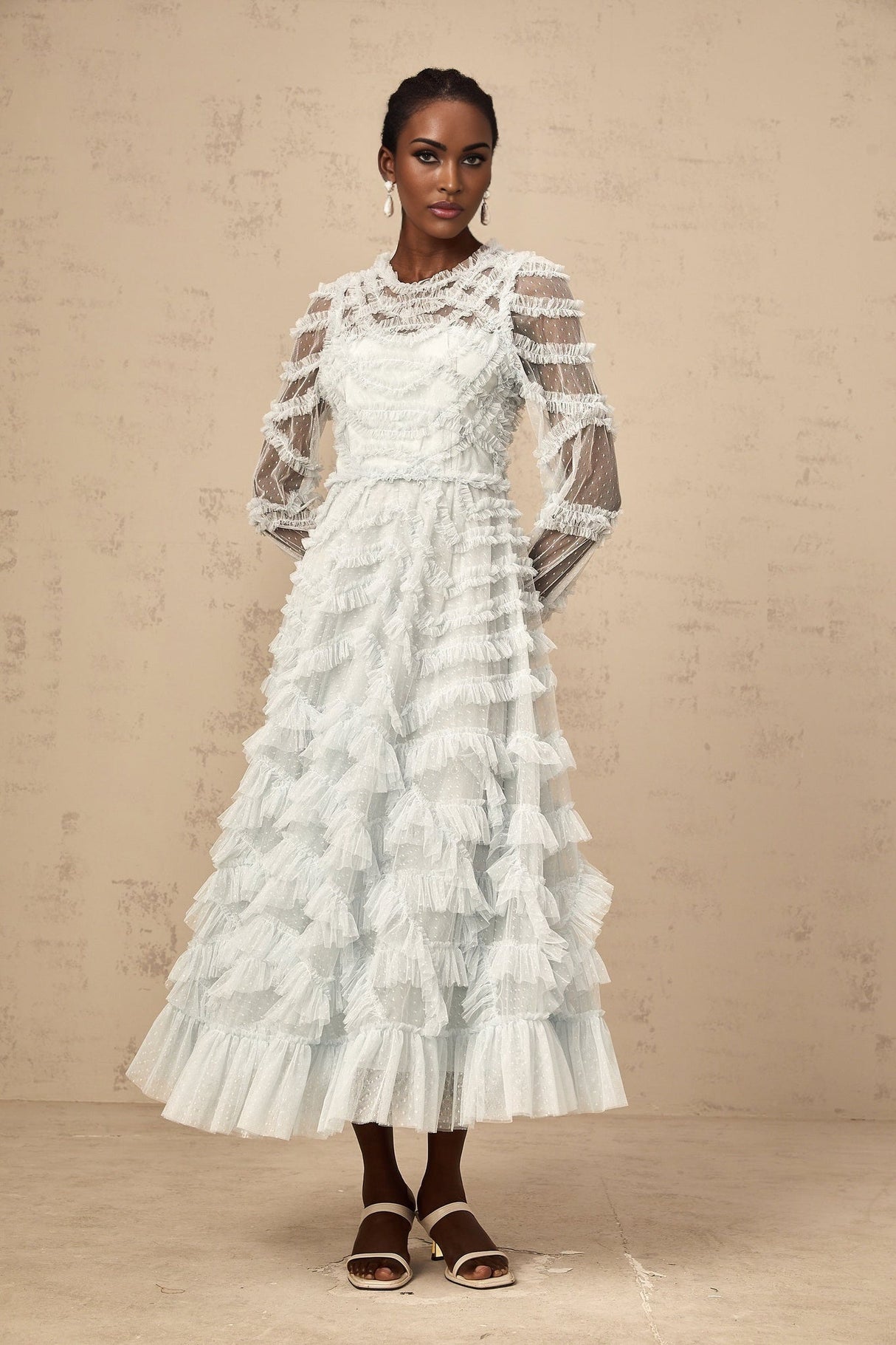 Presley Midi Dress - Vibrant Blue Tulle Semi - Sheer Long Sleeve