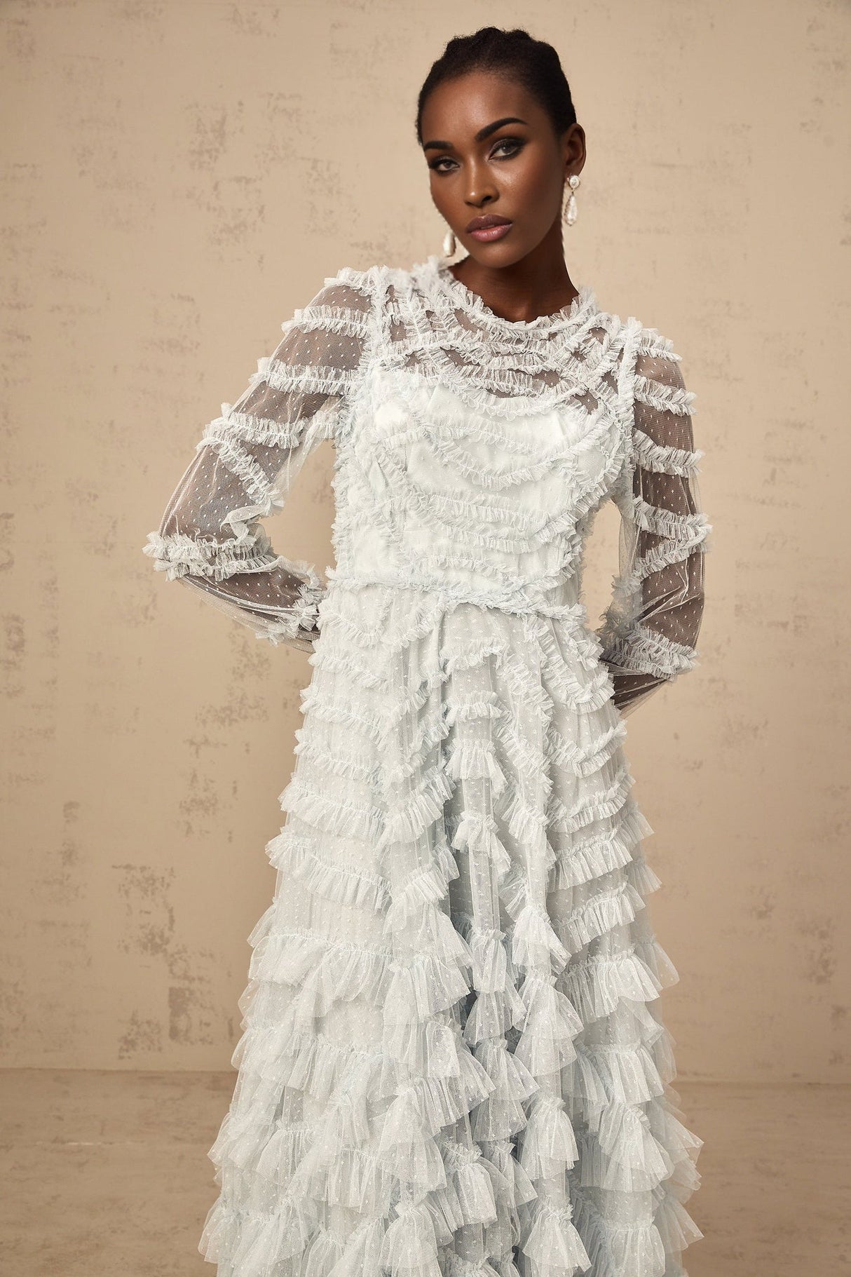 Presley Midi Dress - Vibrant Blue Tulle Semi - Sheer Long Sleeve