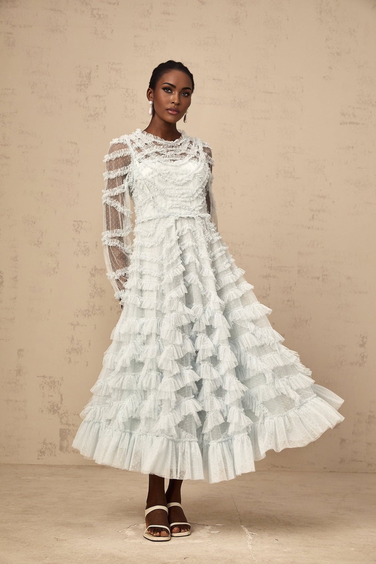 Presley Midi Dress - Vibrant Blue Tulle Semi - Sheer Long Sleeve