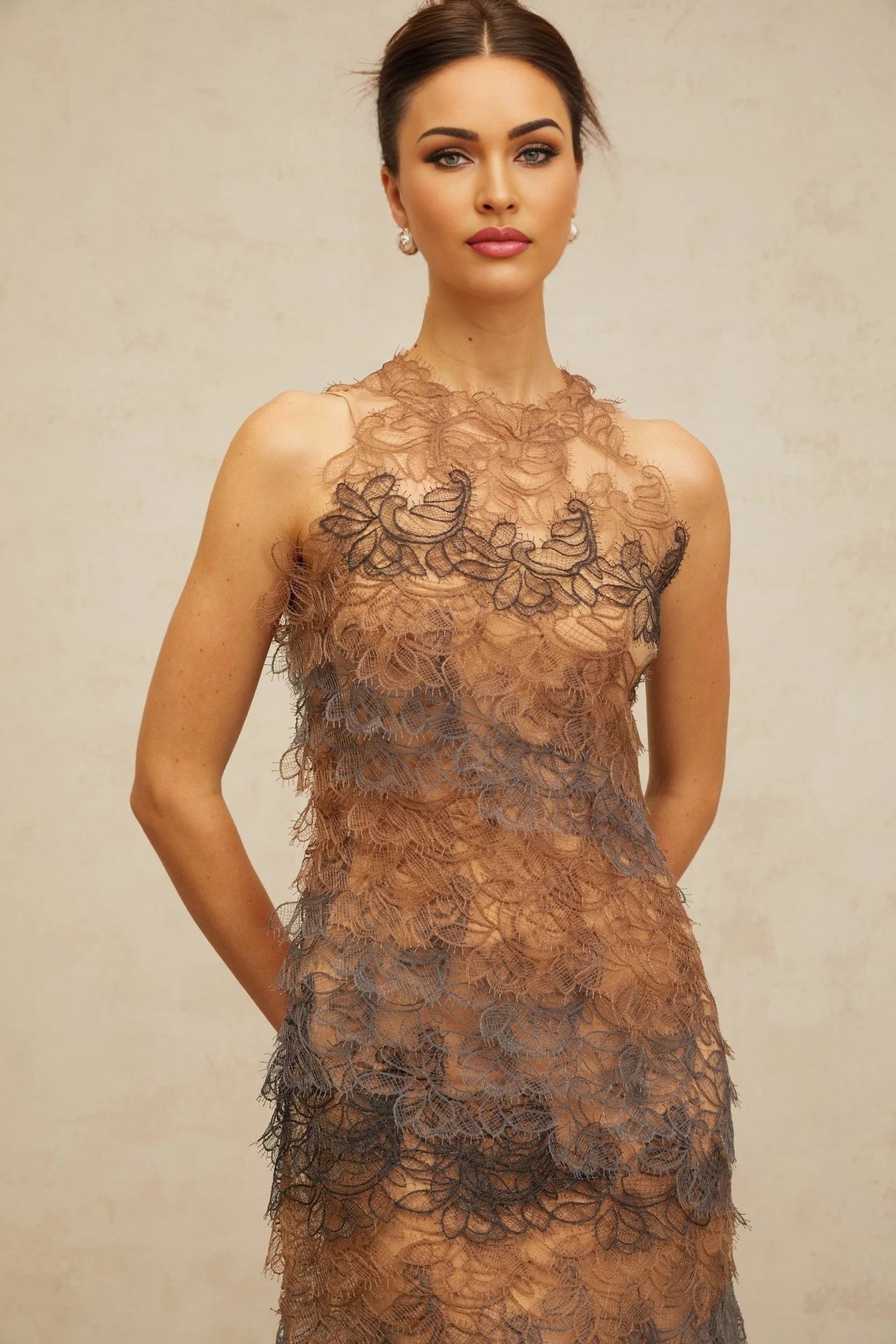 Presley Mini Dress Brown & Grey Corded Lace A - Line Frayed Texture Slip Zip Thigh