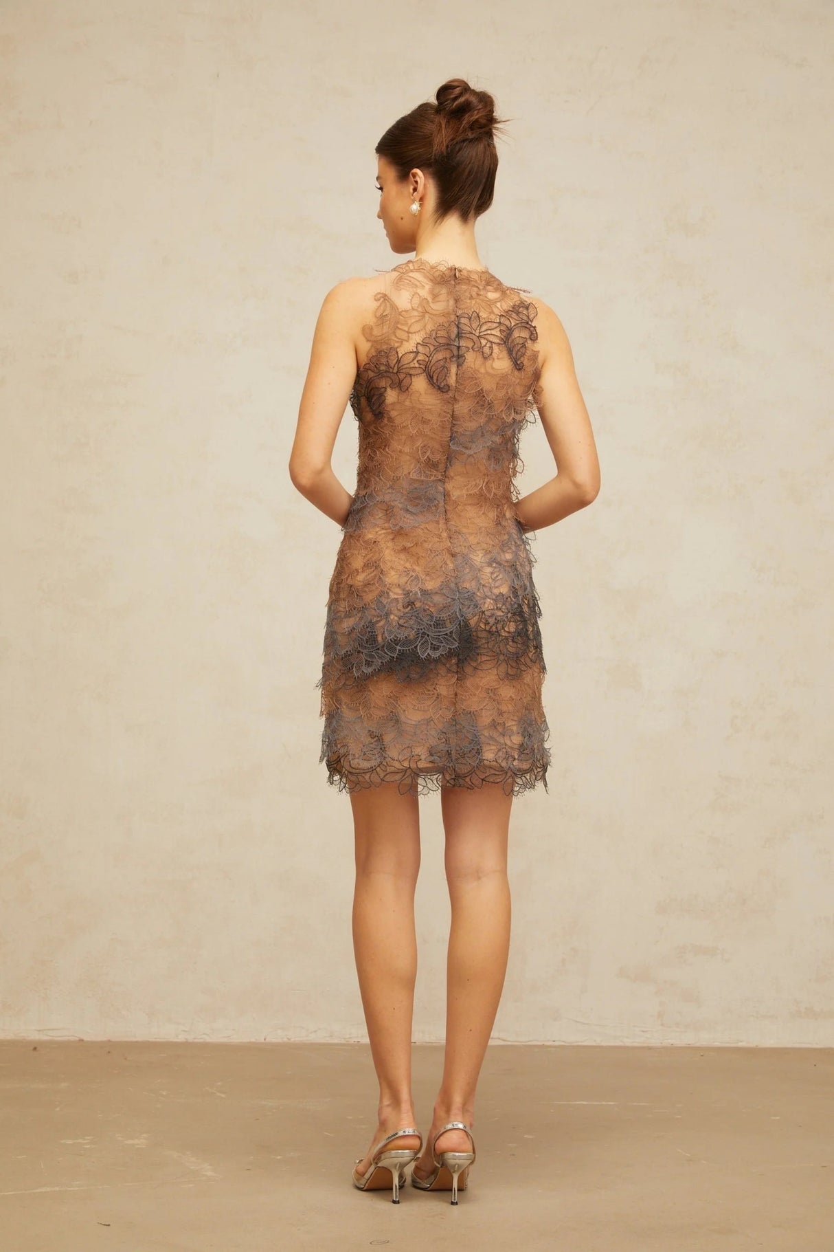 Presley Mini Dress Brown & Grey Corded Lace A - Line Frayed Texture Slip Zip Thigh