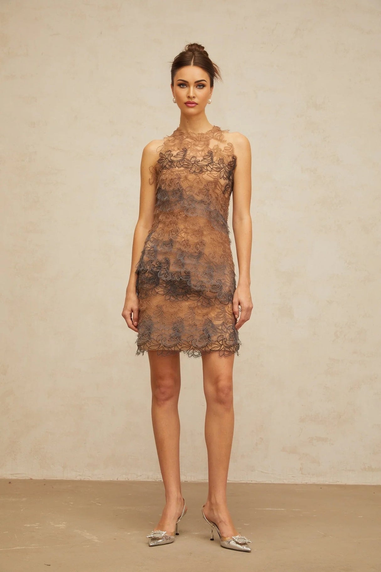 Presley Mini Dress Brown & Grey Corded Lace A - Line Frayed Texture Slip Zip Thigh