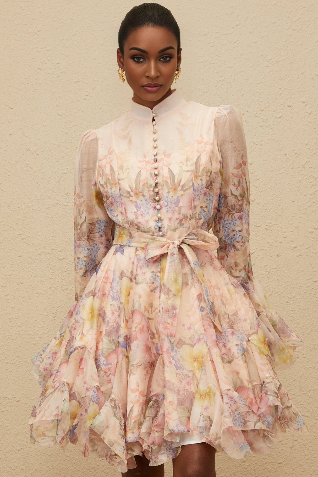 Presley Mini Dress - Crew Neck - Flared Cuffs - Tied Waist - Floral Print - Godet Design