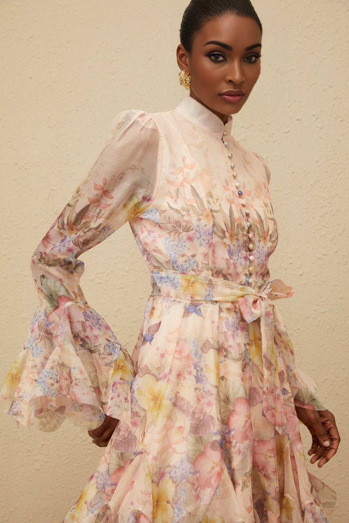 Presley Mini Dress - Crew Neck - Flared Cuffs - Tied Waist - Floral Print - Godet Design