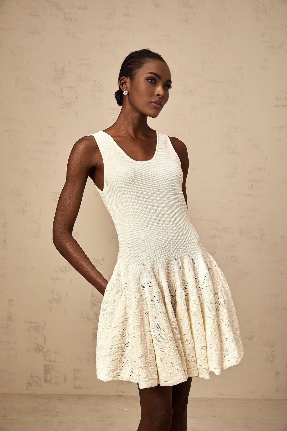 Presley Mini Dress Ivory White Jacquard Knit Flare Hem