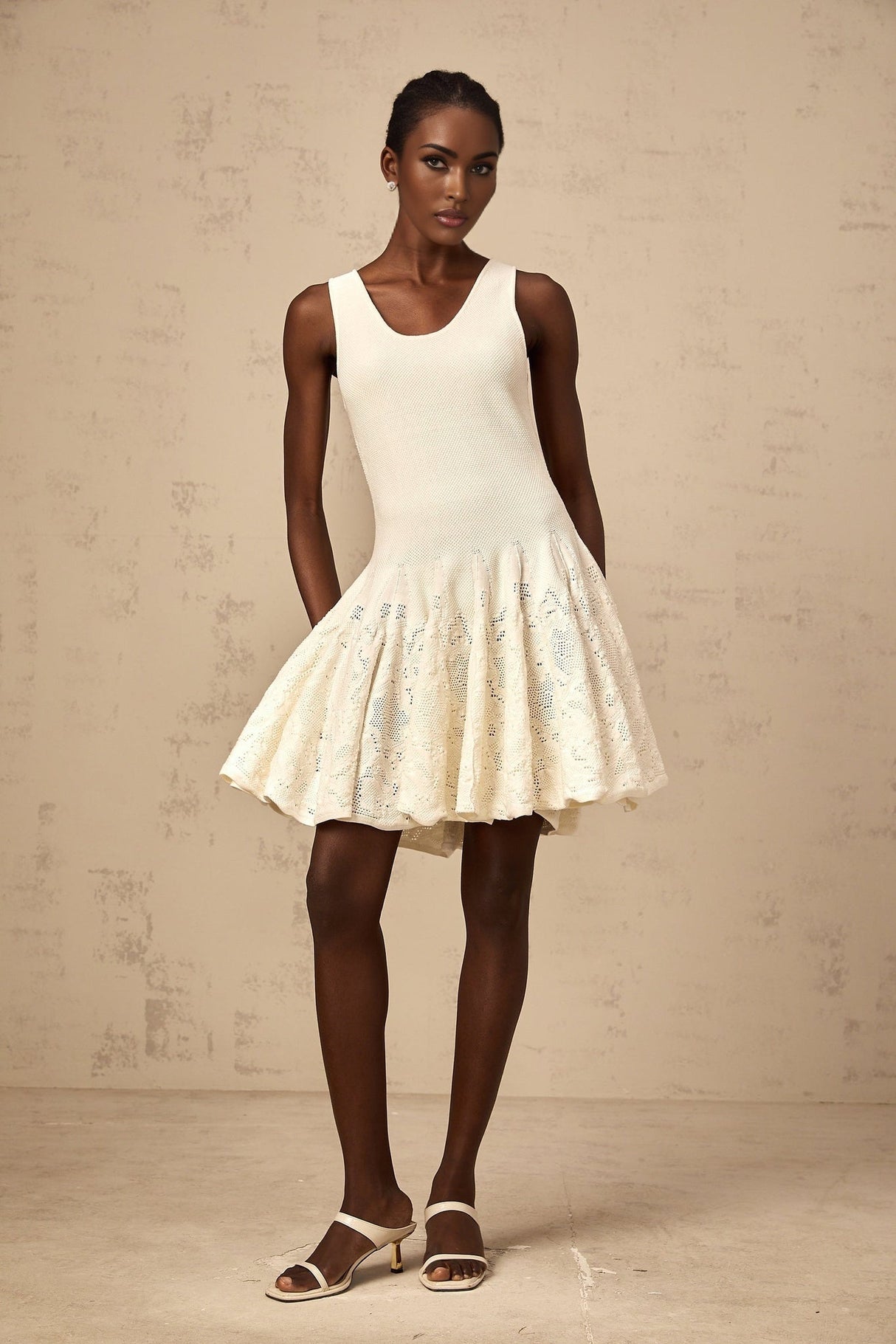 Presley Mini Dress Ivory White Jacquard Knit Flare Hem