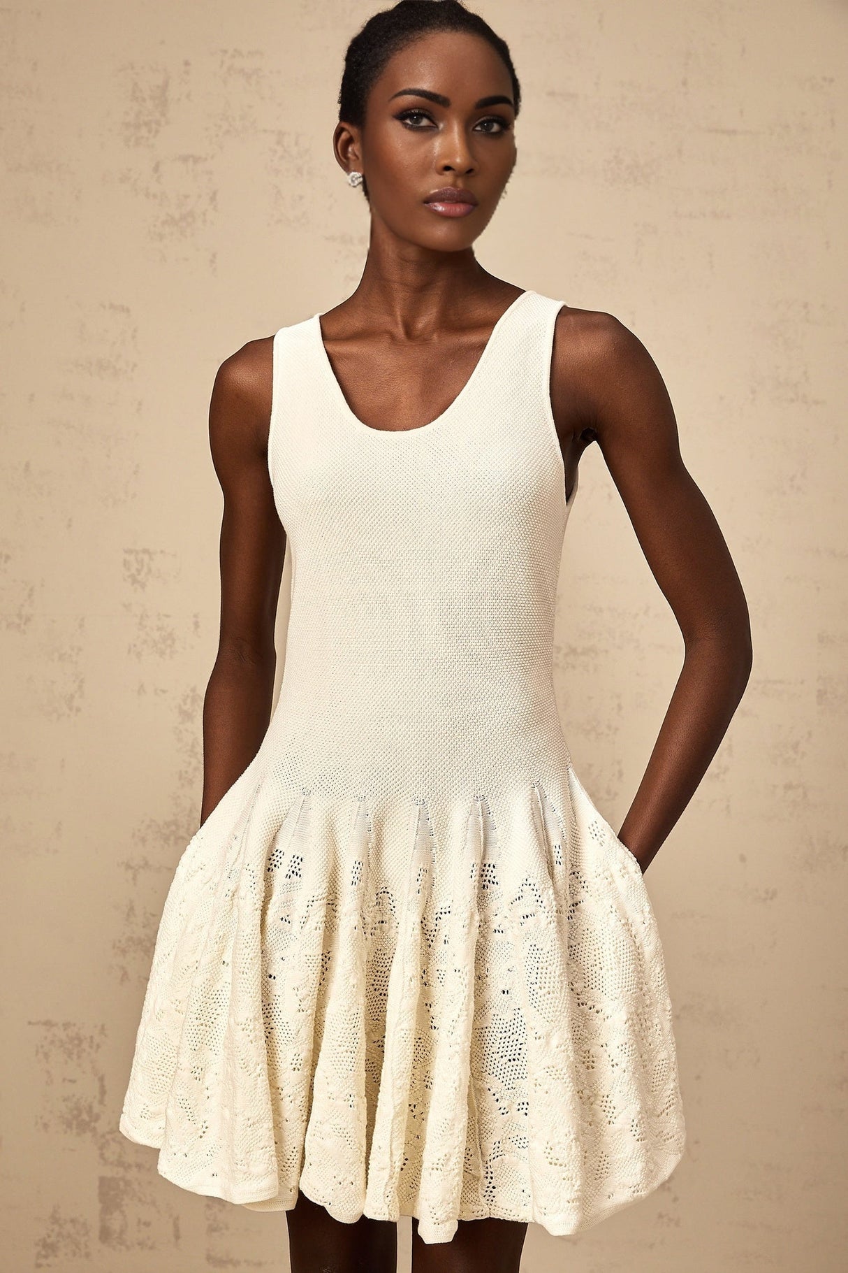 Presley Mini Dress Ivory White Jacquard Knit Flare Hem