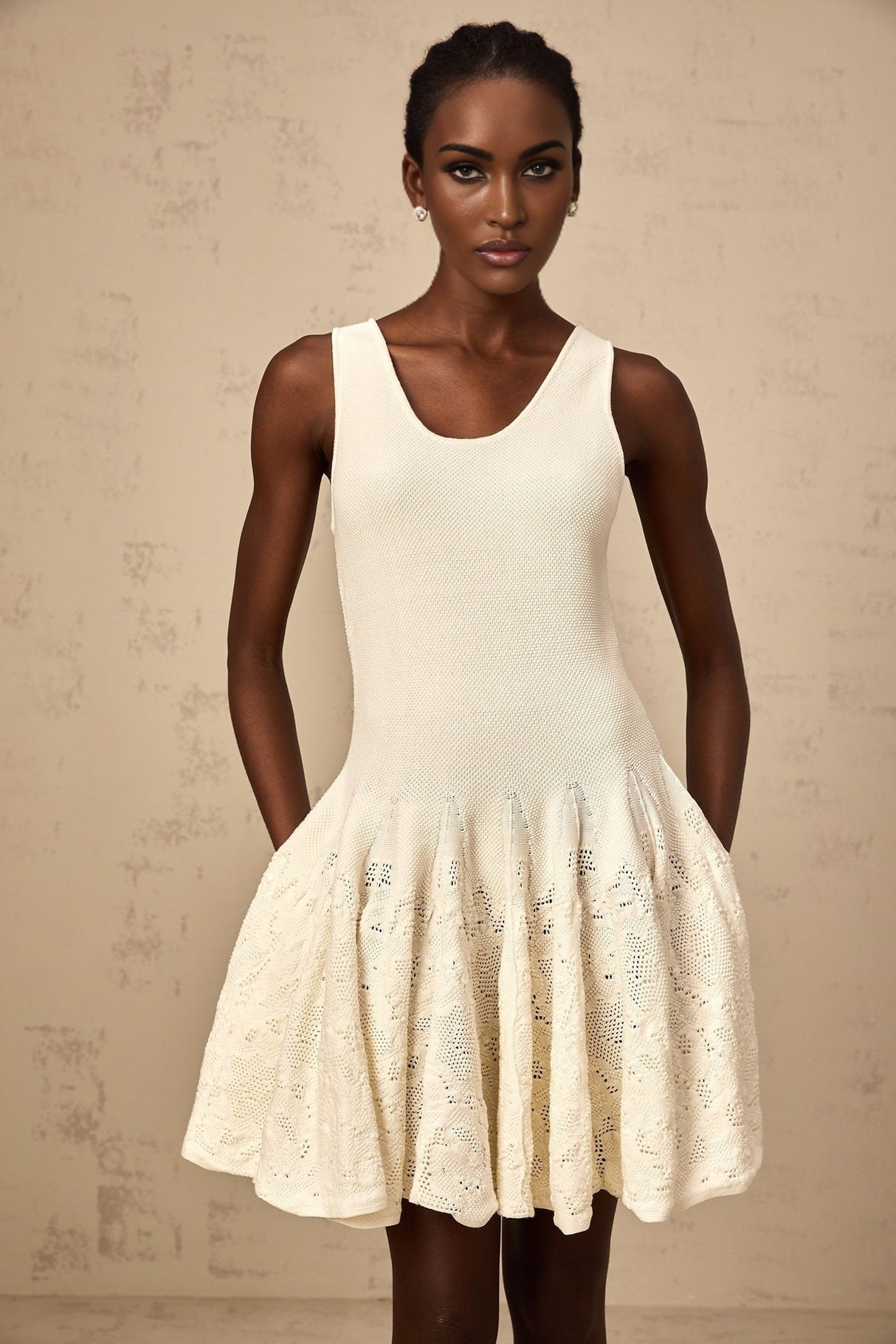 Presley Mini Dress Ivory White Jacquard Knit Flare Hem