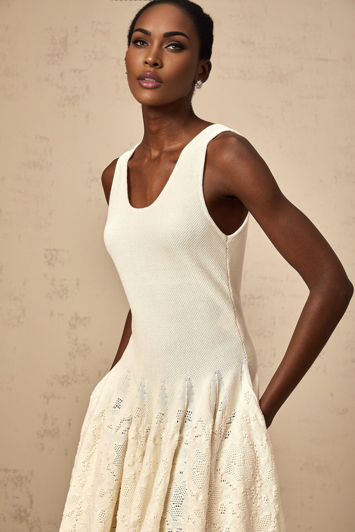 Presley Mini Dress Ivory White Jacquard Knit Flare Hem