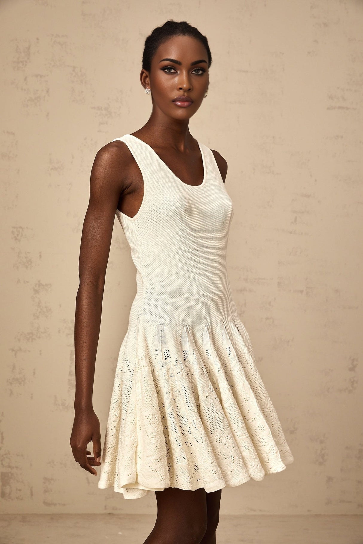 Presley Mini Dress Ivory White Jacquard Knit Flare Hem