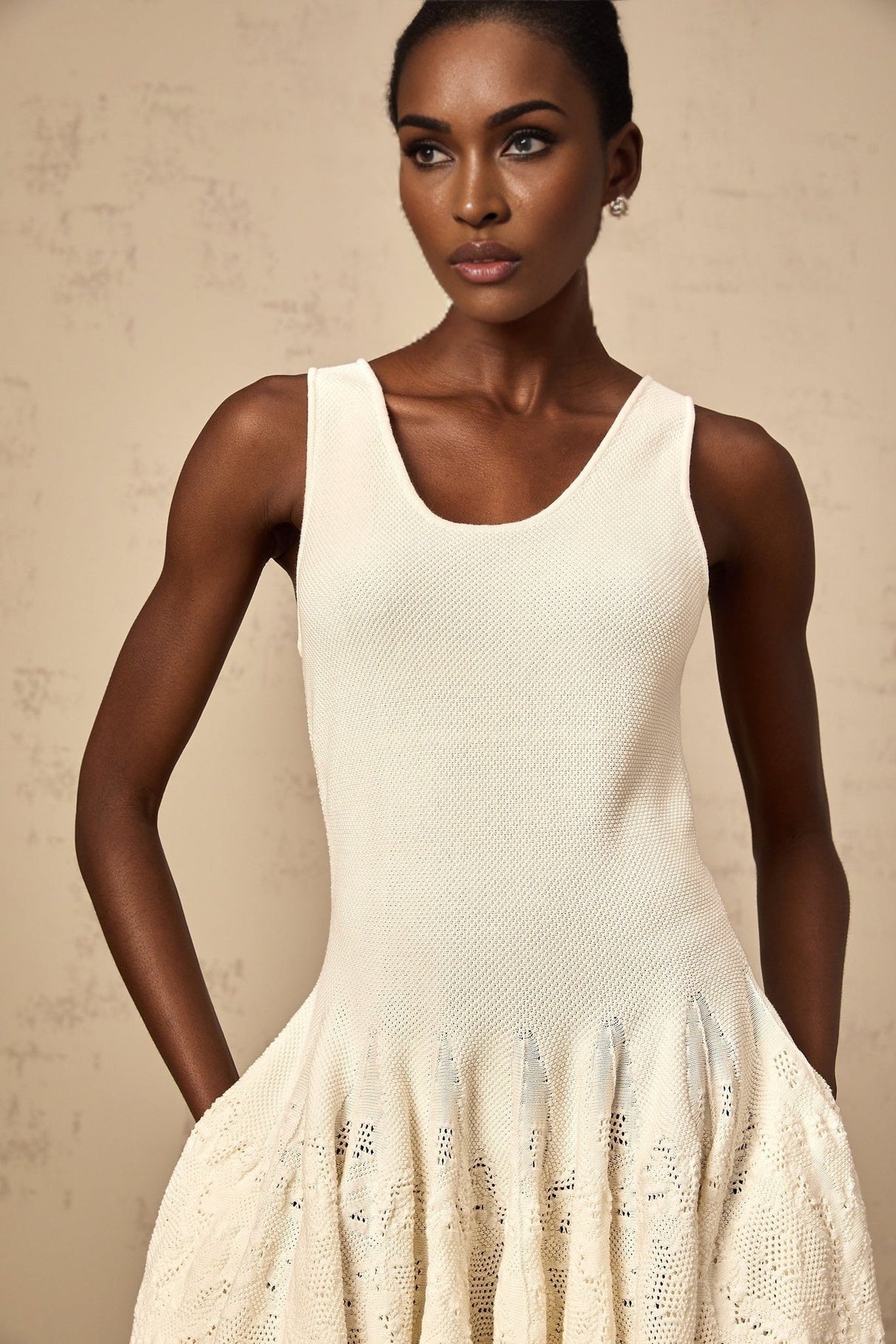 Presley Mini Dress Ivory White Jacquard Knit Flare Hem