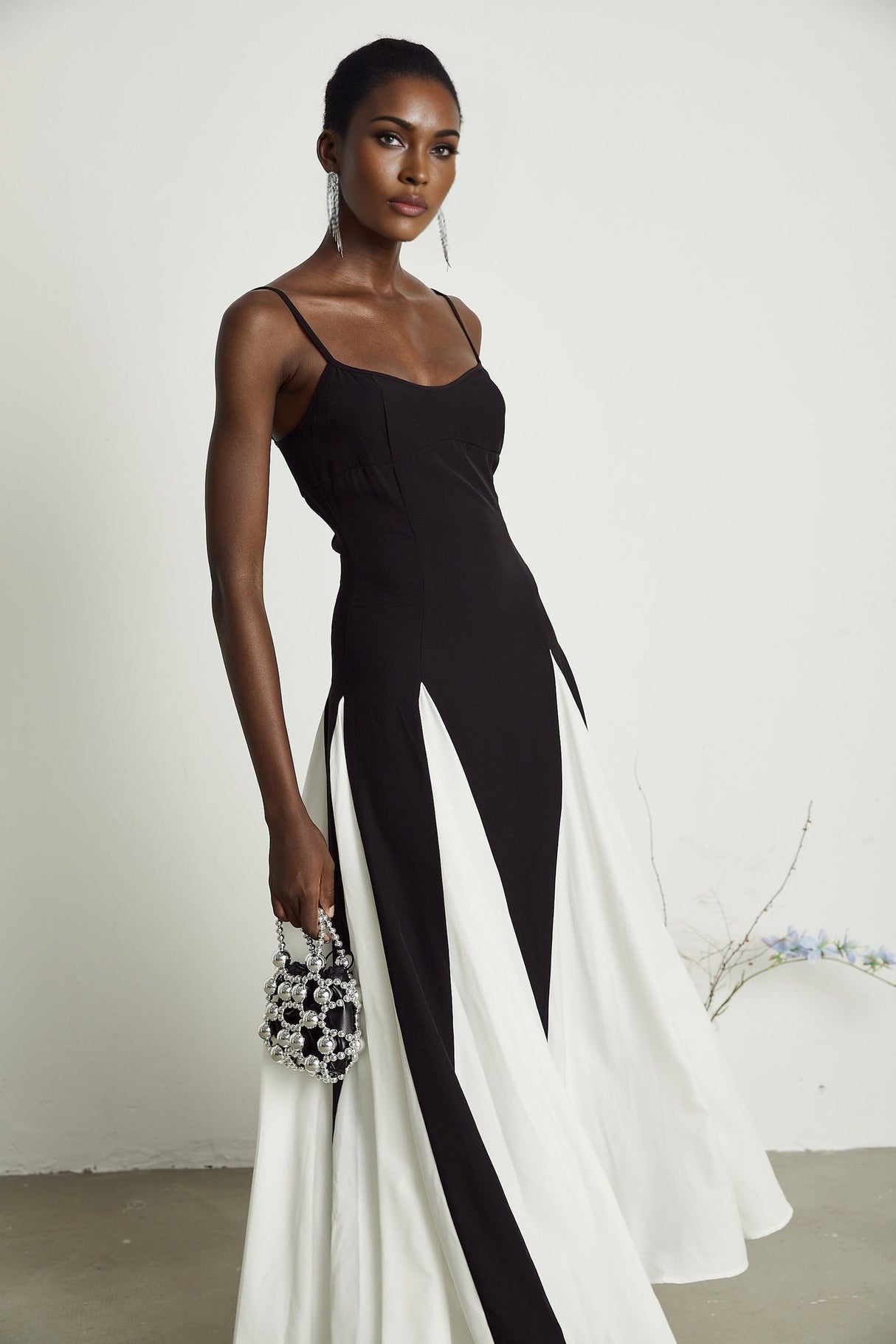 Primula Black and White Colorblock Maxi Dress With Pleated Panels