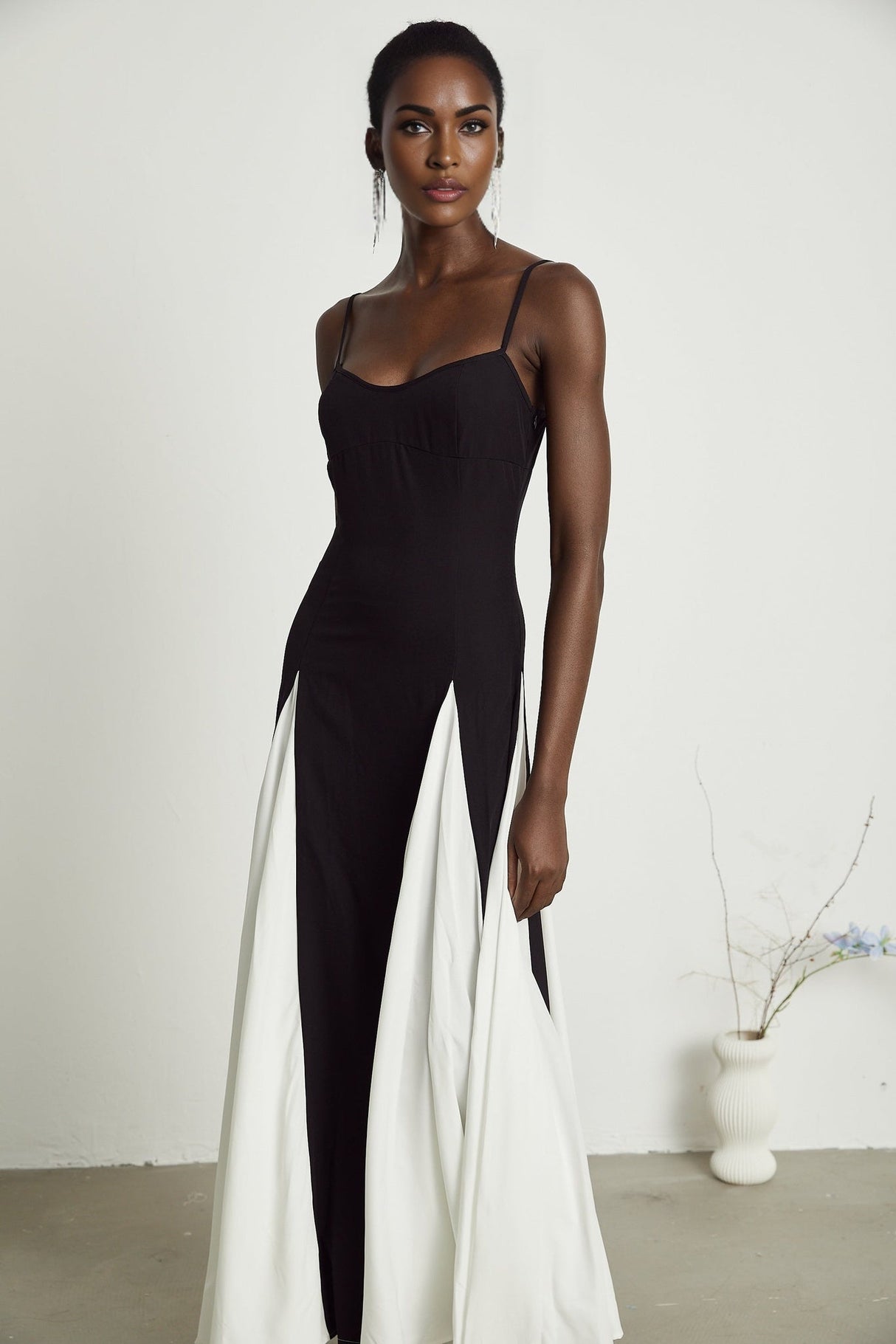 Primula Black and White Colorblock Maxi Dress With Pleated Panels