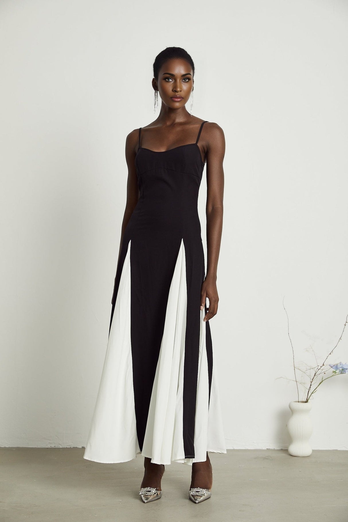 Primula Black and White Colorblock Maxi Dress With Pleated Panels
